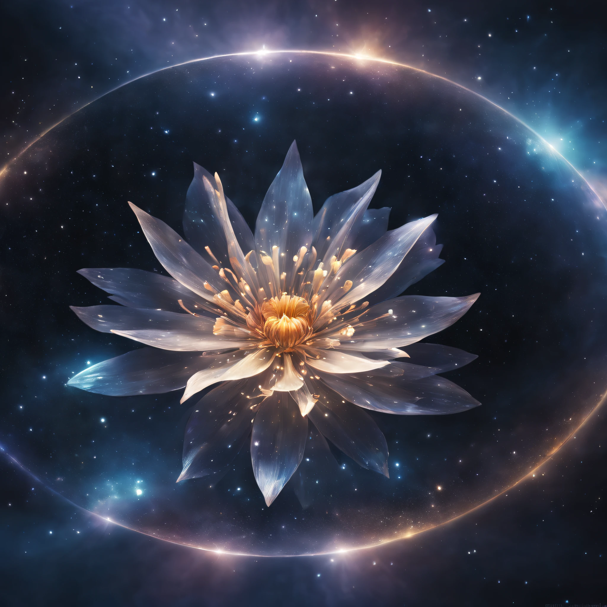 A close-up photo of a metal material flower，Doubleexposure，Floating in outer space，Starcloud，galaxias，（abstracted，dream magical：hyper realisitc：1.2）scenecy，universe background，with light glowing，Vivid colors，Sublime beauty，Ethereal atmosphere，Metal Textures，Shiny surface，reflection of starlight，glittering metal petals，Delicate and intricate floral details，interplay of light and shadow，An interesting contrast to the darkness and vastness of the space，Surreal and mesmerizing composition，A strange and fascinating combination of nature and technology，Charming and mysterious atmosphere，Tranquility and peaceful atmosphere。（best qualtiy，4k，8k，tmasterpiece：1.2），super-fine，（realisticlying，photoreali，photoreali：1.37），
