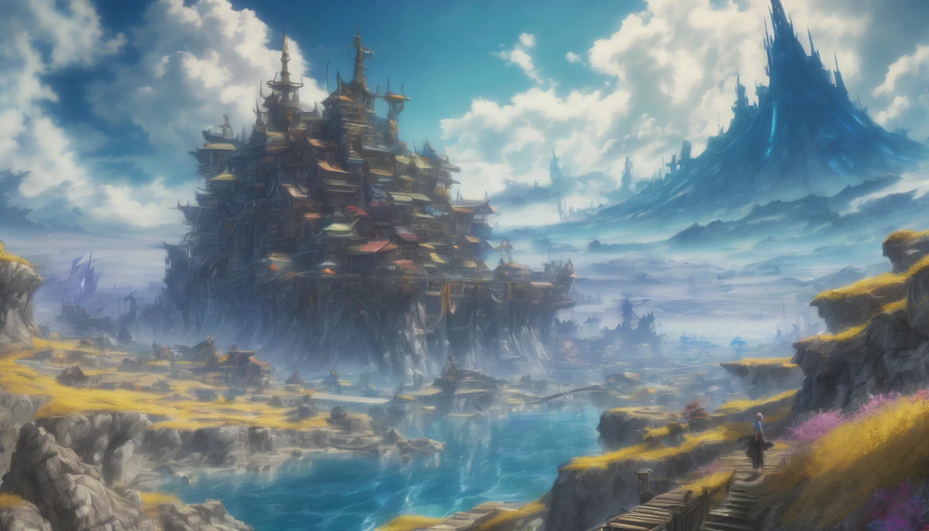 Arthur Rackham style. A mesmerizing fantasy landscape with enchanting elements blending seamlessly. ((Mt. Gagazet from final fantasy X)). (masterpiece), ((best quality)), extremely delicate and beautiful, illustration, 8K post-production, high resolution, hyperdetailed, depth of field, HDR, intricate