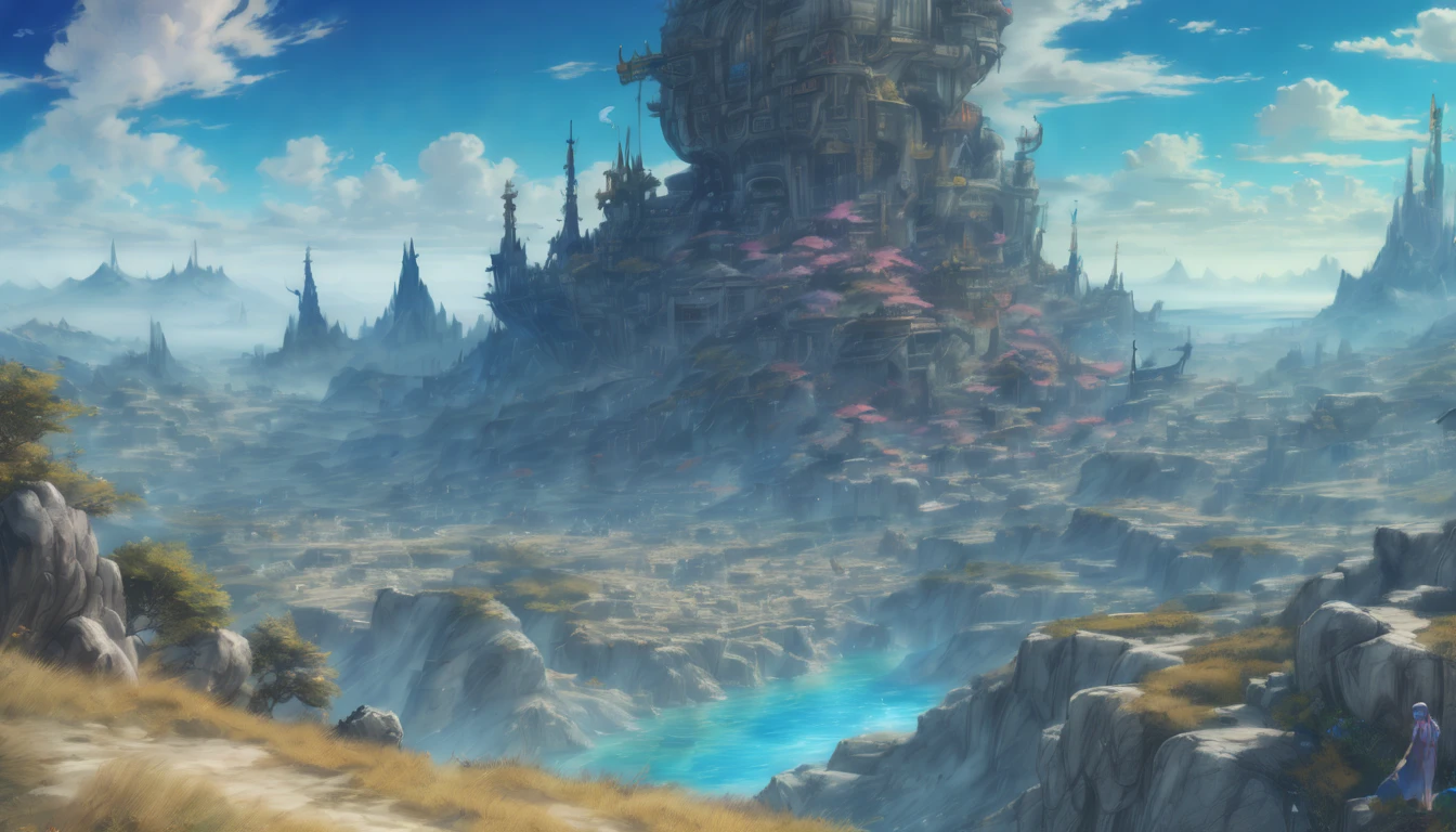 Arthur Rackham style. A mesmerizing fantasy landscape with enchanting elements blending seamlessly. ((Mt. Gagazet from final fantasy X)). (masterpiece), ((best quality)), extremely delicate and beautiful, illustration, 8K post-production, high resolution, hyperdetailed, depth of field, HDR, intricate