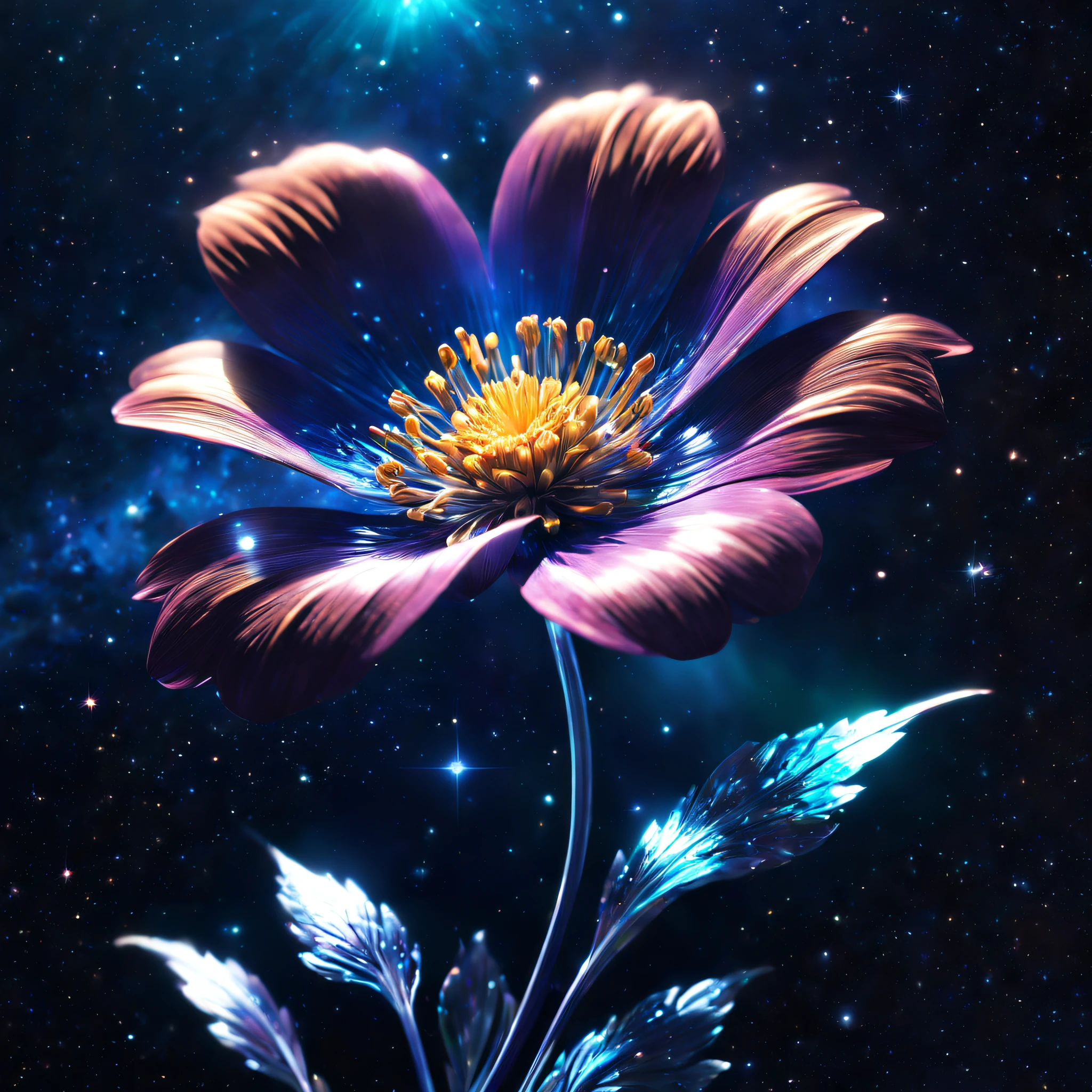 (best quality,4k,8k,highres,masterpiece:1.2),ultra-detailed,(realistic,photorealistic,photo-realistic:1.37),A vibrant metal flower close-up photograph,double exposure,floating in outer space,nebula,galaxies,(abstract,dreamlike:surreal:1.2) scenery,cosmic setting,glowing lights,vivid colors,sublime beauty,ethereal atmosphere,metallic textures,shiny surfaces,reflection of starlight,sparkling metallic petals,delicate and intricate flower details,interplay of light and shadows,intriguing contrast with the dark and vast space,surreal and mesmerizing composition,strange and captivating combination of nature and technology,intriguing aura of mystery,serene and peaceful ambiance.