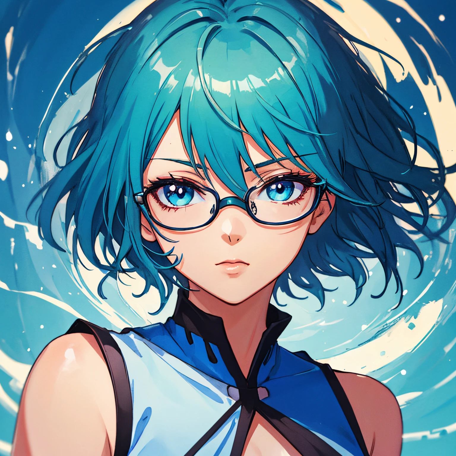 Portrait,A half body, blue hairs，short-hair，eye glass，girl with, Anime Illustration, Cover art, 90's,Color splash,Detailed eyes, Perfect features, (masutepiece), (Best Quality:1.4), absurderes, Moist skin, Shiny skin, Glossy skin, (masuter piece, Best Quality, good quality:1.4), masutepiece, Intricate details