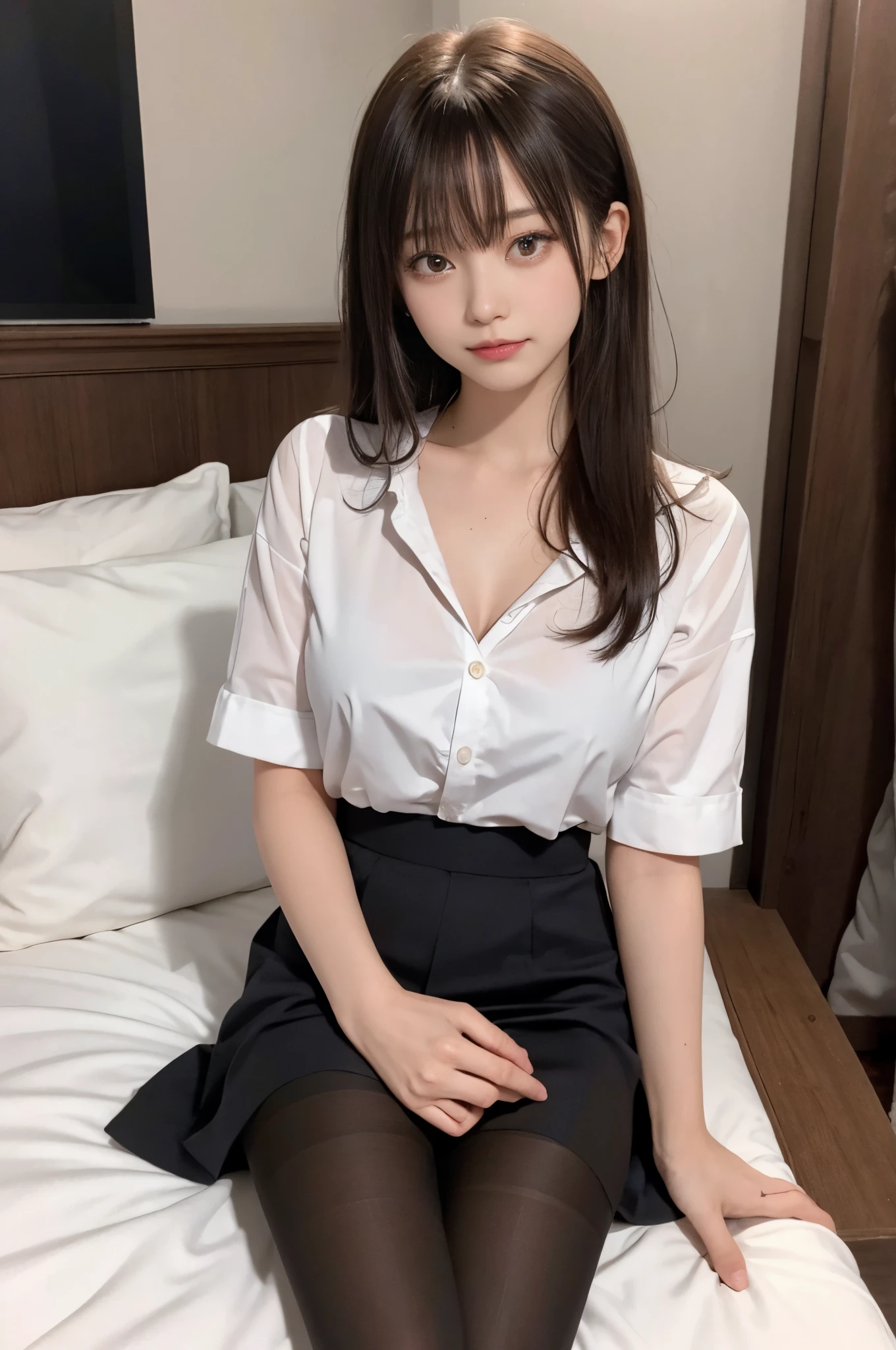 (masutepiece、Hi-Res、taking off pantyhose:1.5),（（（1 girl with medium breasts）），Ray traching，（dim murky lights），[detailedbackground（Bedrooms）），（（A dark-haired）），（（A dark-haired）），（（（（（Fluffy black hair，plump and slender girl））Wears a high ponytail）））Avoid golden eyes in the ominous bedroom（（（（The girl is wearing a completely transparent white shirt，black wrinkled skirt，Wear yours in black sheer pantyhose），It shows a delicate and slender figure and beautiful curves，a little bit smile、Correct limbs，sit on a bed，Put your hands behind your head，（（（Purple panties））），