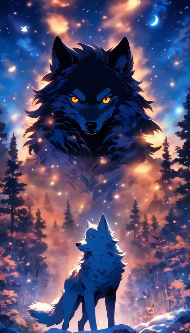 wolf's turn、The background is fantastic.、A white moon is out、Fantasia、in woods、beautiful night、starrysky、Snow is piled up、
