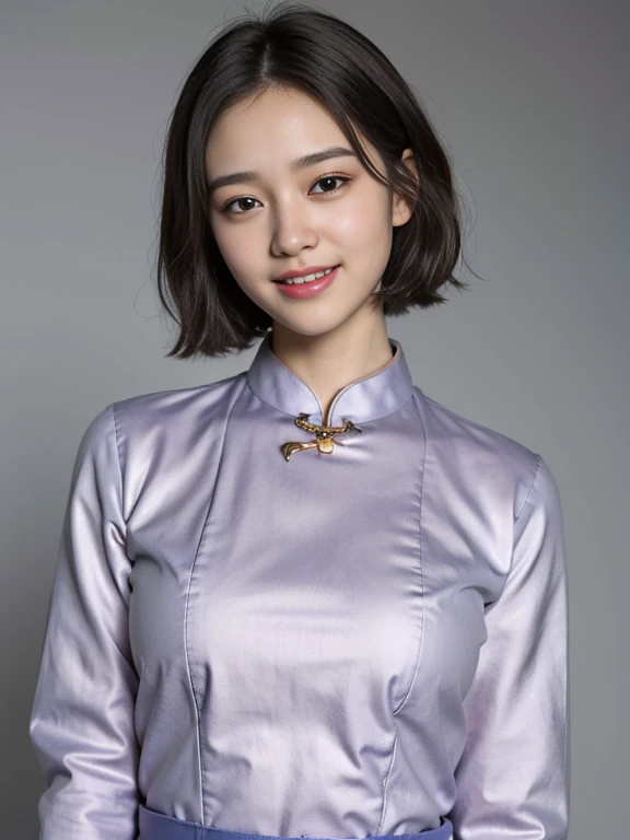 (grey background:1.5, close shot:1), (photorealistic:1.4), (best quality:1.0), (ultra highres:1.0), 8k, RAW photo, (masterpiece:0.2), 1girl, beautiful skin, detailed skin, big smile, teeth, (short hair:1), (aodai uniform:1.2)