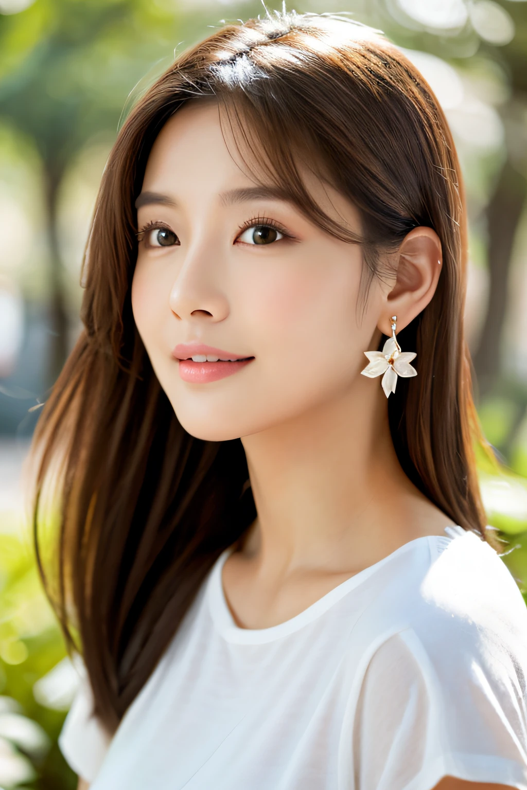 Woman with good style. Asian woman. Create an image of a young woman with a soft, youthful appearance. She has large, expressive eyes with a subtle touch of makeup enhancing her natural beauty. Her skin has a radiant glow, and her cheeks are gently blushed. The sun casting a soft, warm glow, creating a gentle backlight effect around her. Her hair is a rich brown color with soft highlights reflecting the light. She is wearing a simple white round-neck t-shirt that fits comfortably. Her ears are adorned with a pair of delicate earrings, resembling small flowers or stars. The setting is indoors, with natural sunlight streaming through a window behind her, suggesting a serene morning. The woman’s expression is calm and introspective, with a slight, natural smile on her lips. Her gaze is directed towards the viewer, creating a sense of connection and warmth.