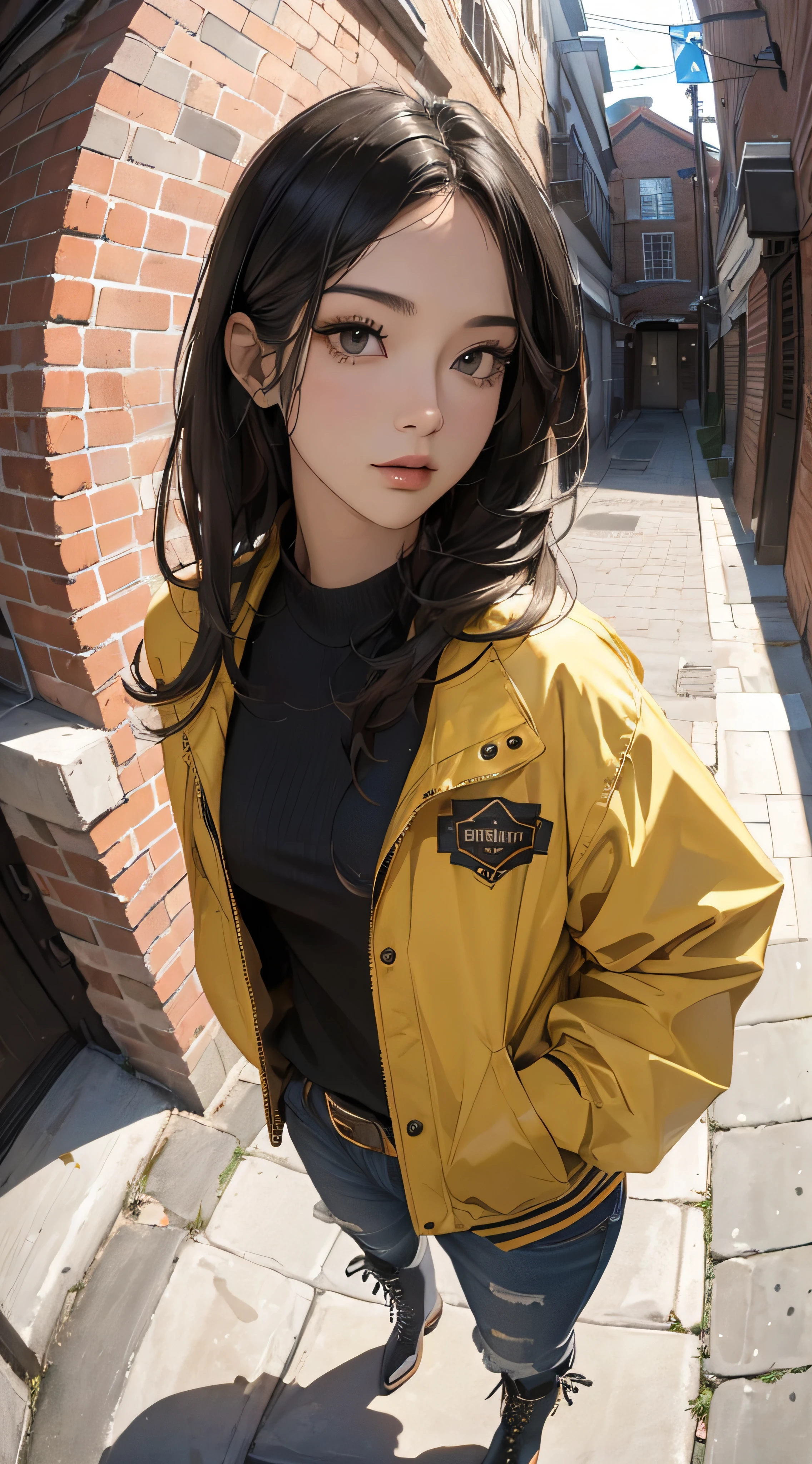 (((8k wallpaper of extremely detailed CG unit:1.2, masterpiece, hight resolution:1.2, top-quality:1.2, masutepiece))), ((a very beautiful woman, Hands in pockets:1.8, punk fashion:1.5, wearing boots:1.3)), ((extra detailed face, Highly detailed black eyes, extra detailed body, Top quality real texture skins)), (A dark-haired:1.2, straight haired:1.2, The long-haired, de pele branca, Big:1.2, exposed shoulder), ((Alley without people, Mileland, Brick wall, natta)), (high-angle:1.1, a closeup, Fisheye:1.4), hyper realisitic, digitial painting,