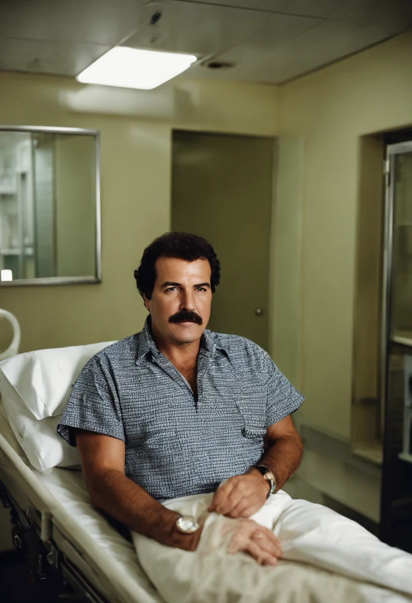 A photo of Escobar at a local hospital, visiting and giving gifts to patients,original,Pablo Escobar, the infamous Colombian drug lord and leader of the Medellín Cartel, was often recognized for his stout build and mustachioed face. He typically dressed in casual attire, favoring simple polo shirts and slacks, which contrasted sharply with his immense wealth and power. His dark, brooding eyes and stern expression often gave him an intimidating presence, a reflection of his formidable status as one of the world’s most notorious criminals.