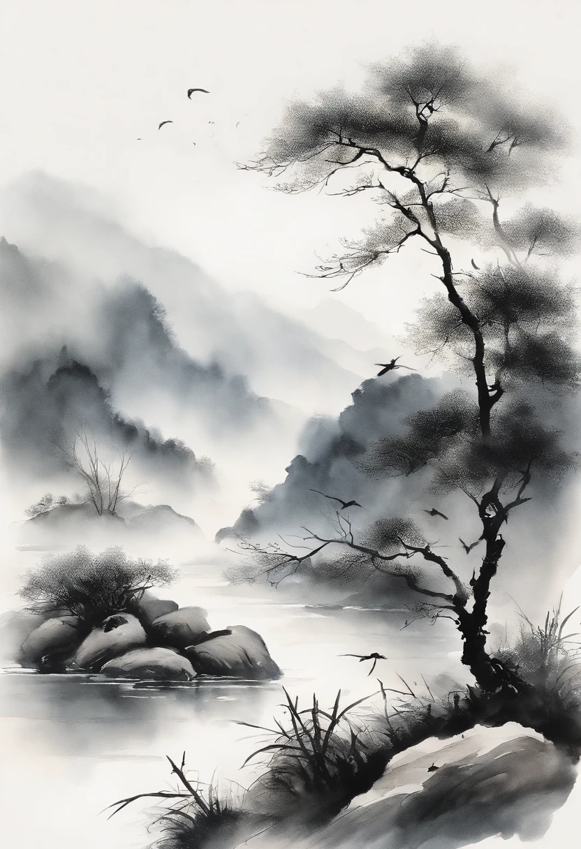 ink and watercolor painting，Draw on rice paper，Use thick, light inks to create shading variations and layers，Choose the right ink color，Such as deep black、Thick gray、Light coffee, etc，Express different situations and atmospheres，Control the gradient and transition of ink color by the humidity and consistency of the ink，mont，Eau，the trees，Lake surface，Small broken boat，Bleak, Desolate, Solitude，Black and white tones，dead tree， Traditional Chinese Ink Painting, Traditional Chinese art, author：Guo Xi, author：Ma Yuanyu, Traditional Chinese painting, author：Xu Xi, author：Luo Mu, author：Yang Buzhi, author：Li Kelan, author：Gu An, Ink painting ) ) ) ), Chinese ink painting, Chinese painting style