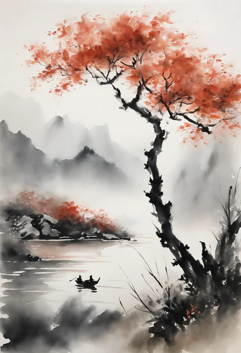 ink and watercolor painting,Draw on rice paper,Use thick, light inks to create shading variations and layers,Choose the right ink color,Such as deep black、Thick gray、Light coffee, etc,Express different situations and atmospheres,Control the gradient and transition of ink color by the humidity and consistency of the ink,mont,Eau,the trees,Lake surface,Small broken boat,Bleak, Desolate, Solitude,Black and white tones,dead tree, Traditional Chinese Ink Painting, Traditional Chinese art, author:Guo Xi, author:Ma Yuanyu, Traditional Chinese painting, author:Xu Xi, author:Luo Mu, author:Yang Buzhi, author:Li Kelan, author:Gu An, Ink painting ) ) ) ), Chinese ink painting, Chinese painting style