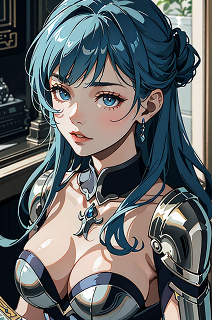 close up shot of a woman in a silver and blue dress, silver armor, large breasts, cleavage, chengwei pan on artstation, by Yang J, detailed fantasy art, stunning character art