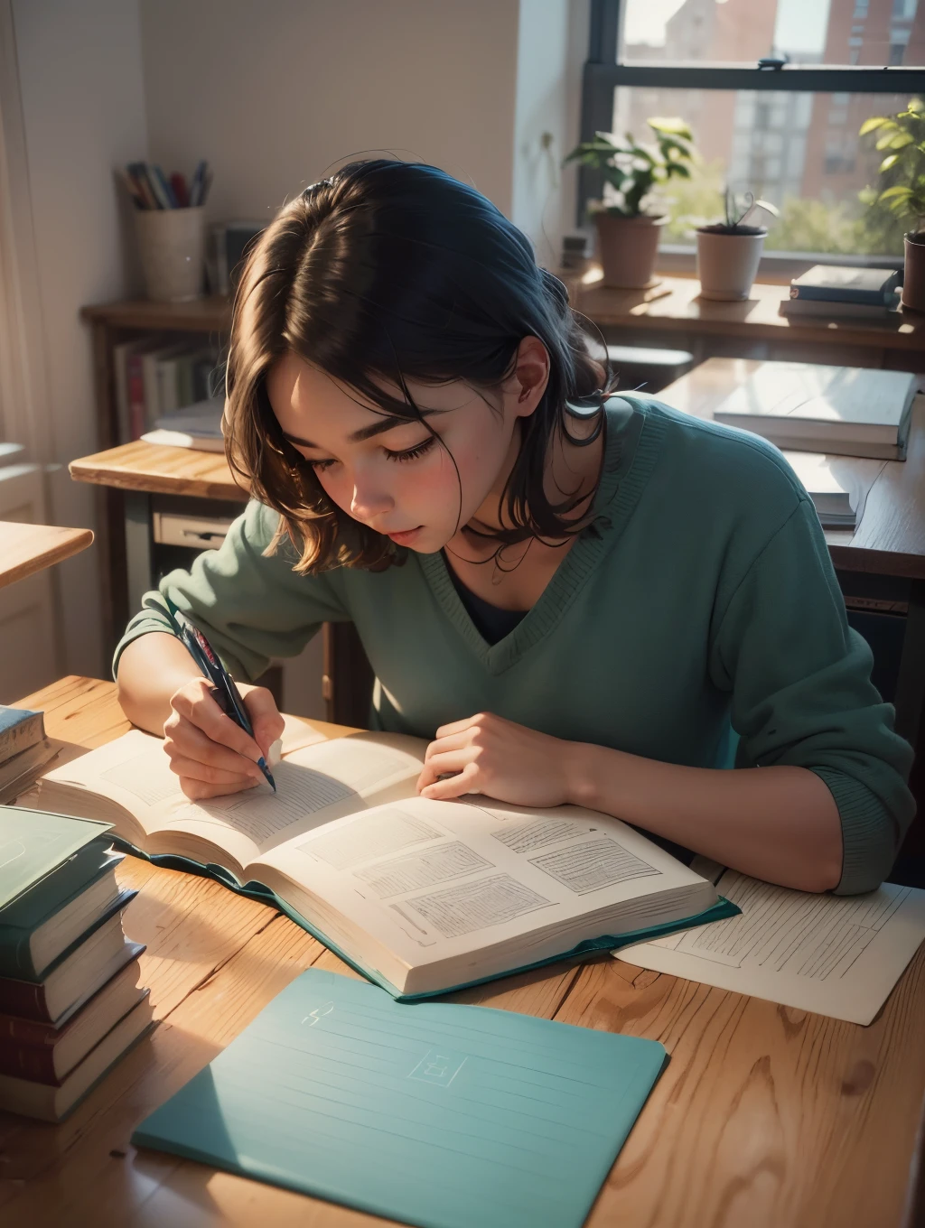In a quiet room, a diligent student sits at a sturdy wooden table, engrossed in their studies. The table's surface is smooth, bearing the marks of time and use, while the soft ambient light from a nearby window gently illuminates the scene. The student is focused, surrounded by textbooks, notebooks, and stationery neatly arranged. --auto --s2