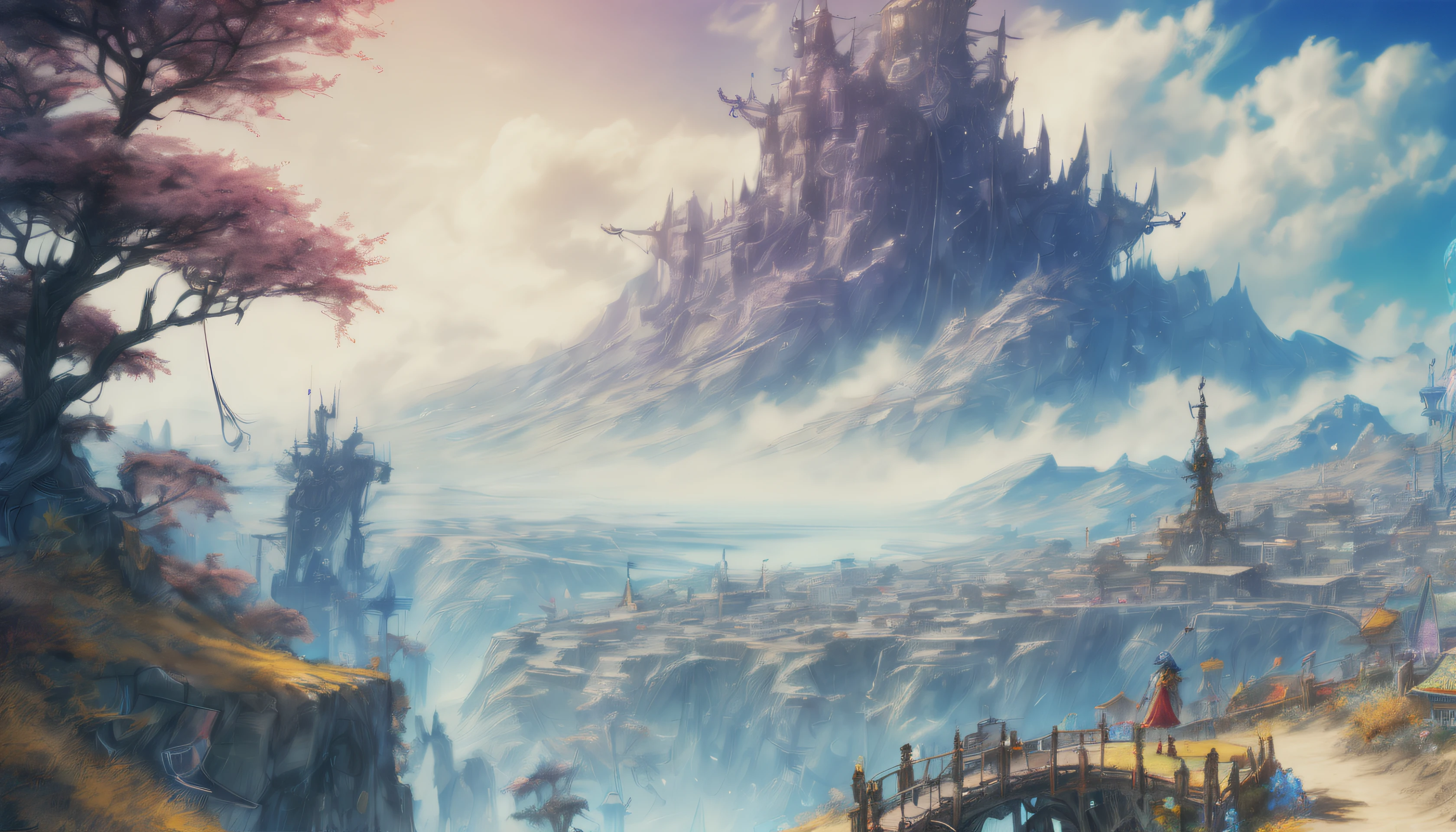 Arthur Rackham style. A mesmerizing fantasy landscape with enchanting elements blending seamlessly. ((Mt. Gagazet from final fantasy X)). (masterpiece), ((best quality)), extremely delicate and beautiful, illustration, 8K post-production, high resolution, hyperdetailed, depth of field, HDR, intricate