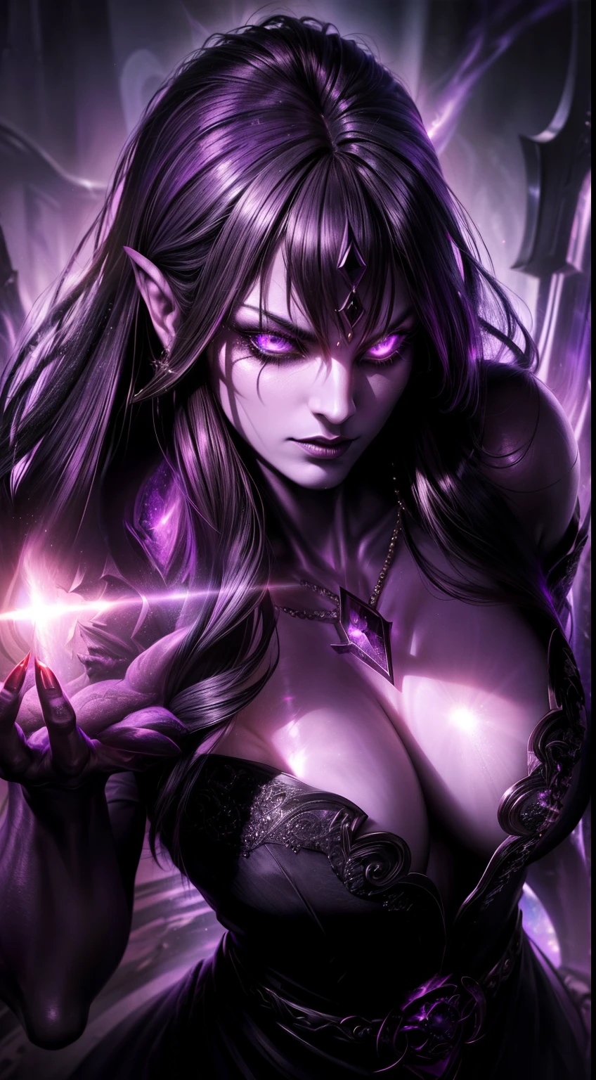 (blazing purple flames), (pitch black, shadowy figure), (intense gaze), (mysterious aura), (sinister presence), (enigmatic beauty),(flowing dark hair), (fierce expression), (ethereal atmosphere),(magnetic presence), (subtle hint of danger), (dramatic lighting), (intricate details on her face), (translucent skin), (glowing tattoos),(mystical energy surrounding her), (smokey tendrils), (black satin gown), (elegant and flowing), (silver jewelry), (shimmering amethyst necklace),(ominous background), (faint whispers in the air), (eerie silence), (submerged in darkness),(unseen powers), (casting spells), (controlling shadows), (magical prowess), (supernatural abilities), (spellbinding beauty),(intense and captivating), (powerful aura), (mythical enchantress), (bewitching presence), (captivating the viewer), (hauntingly beautiful),(contrast of light and darkness), (mystical elements), (ethereal glow), (purple hued world), (hypnotic and surreal),(masterpiece:1.2), (ultra-detailed),(realistic,photorealistic,photo-realistic:1.37)