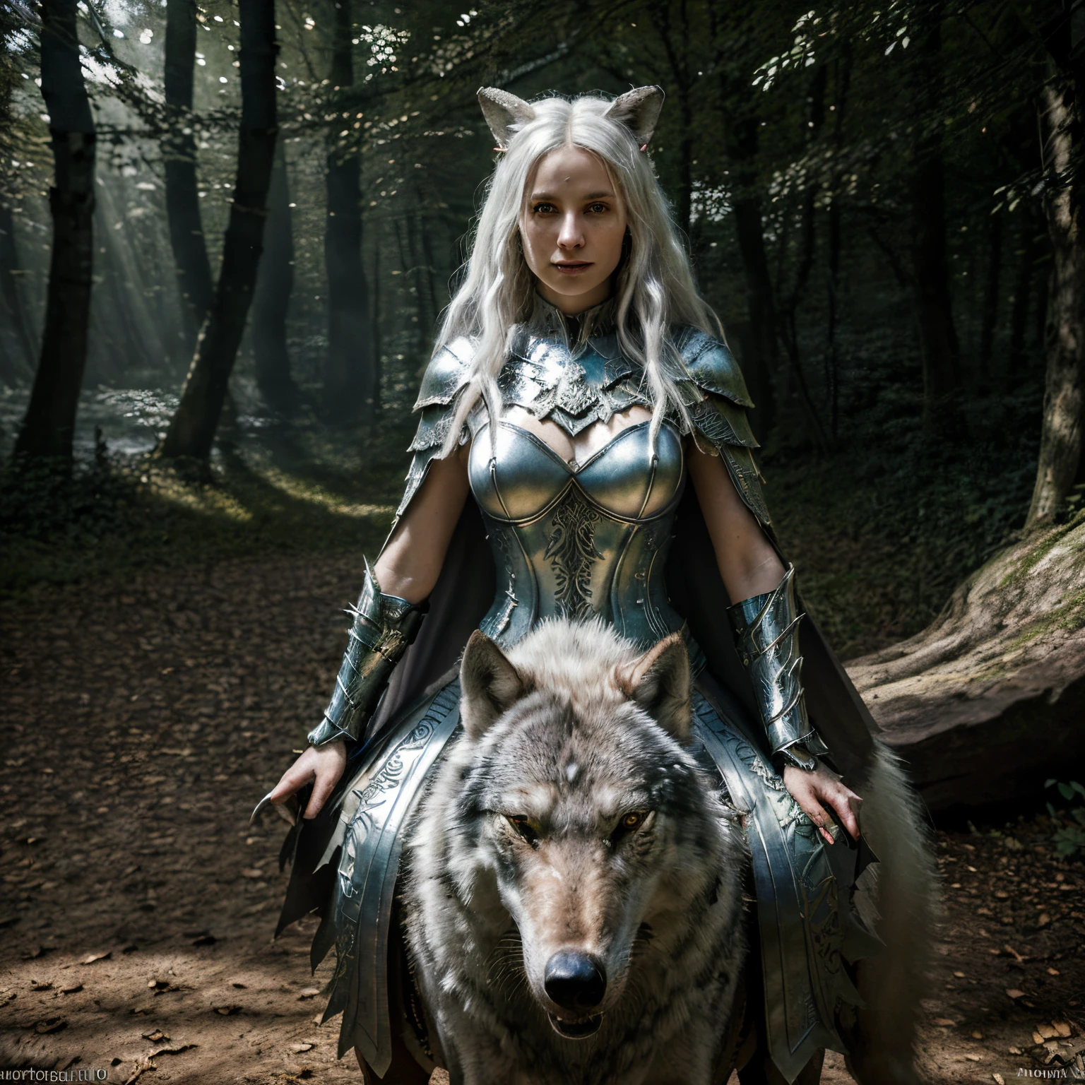 (best quality,4k,8k,highres,masterpiece:1.2),ultra-detailed,(realistic,photorealistic,photo-realistic:1.37),short white hair woman wearing light armor riding a wolf,illustration,mythical creature,forest,greenery,dappled sunlight,dynamic viewpoint,strong female character,battle-ready,confident expression,piercing intense eyes,flowy cape fluttering in the wind,armor adorned with intricate patterns,sharp wolf fangs,ferocious yet loyal wolf companion,moonlit night,moonlight illuminating the scene,mysterious atmosphere,subtle fog,faint sound of leaves rustling,quick and agile movements,radiant glow surrounding the woman,and captivating background details,impressive fantasy concept art.