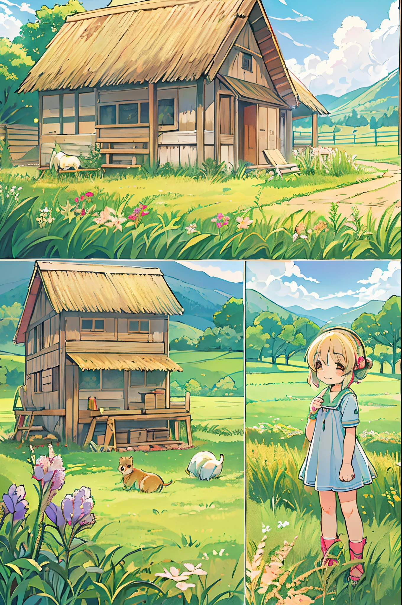 kawaii、8 years old girl、Chibi, beautiful anime scene, country scenery, Background of the field, Beautiful anime scenery, Beautiful peace scenes in anime, farming、farmhouse、 Sleep in the grass with a happy face、Gentle breeze