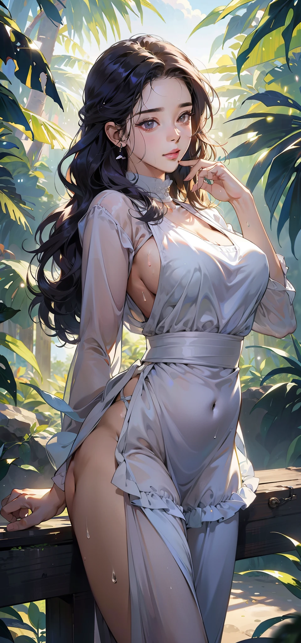 1female,25 age old,Large breasts,long leges,big chest and thin waist, photo exposure, 独奏,(Background with:at a forest,the rainforest,in summer) She has long purple hair,The stands up,sweat profusely,drenched all over the body,seen from the front, curlies, The sky is mostly cloudy,(((tmasterpiece),(Very detailed CG unified 8k wallpaper),Best quality,电影灯光,detailed back ground,beautidful eyes,Bright pupils,(very delicate beautiful),(Beautiful and detailed eyes description),ultra - detailed,tmasterpiece,)),facing at the camera,A high resolution,ultra - detailed),Expose breasts exposed,Bare genitals, convex,Camel toes,Raised sexy,face flushed,with her mouth open,the street,bravery(dressed in:White transparent apron)nakeness,