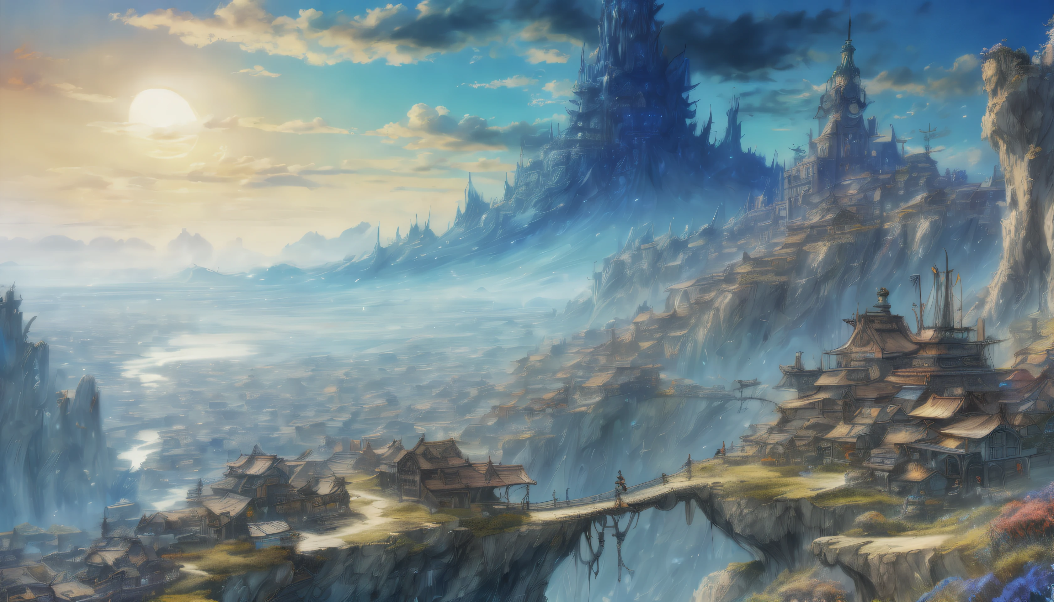 Arthur Rackham style. A mesmerizing fantasy landscape with enchanting elements blending seamlessly. ((Mt. Gagazet from final fantasy X)). (masterpiece), ((best quality)), extremely delicate and beautiful, illustration, 8K post-production, high resolution, hyperdetailed, depth of field, HDR, intricate