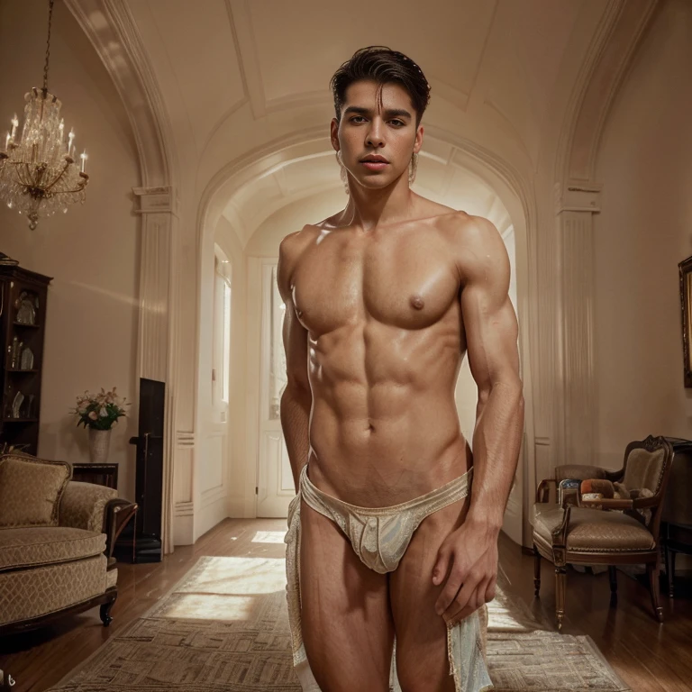 In jhon singer sargent , nstual lighting, soft neutral colors, a gorgeous, handsome, perfect anatomy, divine proportions, slim ripped body, realistic detailed muscles, tall, latino, young man standing in a victorian deco living room,