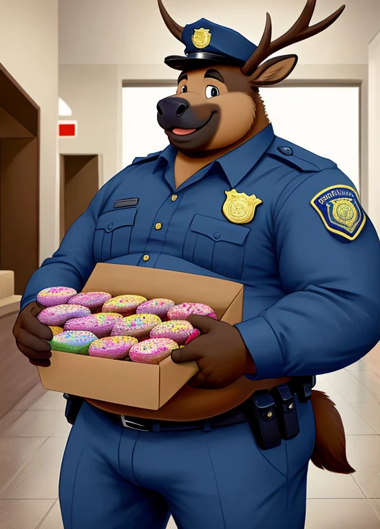solo, elk, anthro, male, chubby cheeks, detailed face, obese, very large belly, wearing police officer uniform, holding a box of donuts, happy, indoors, inside lobby