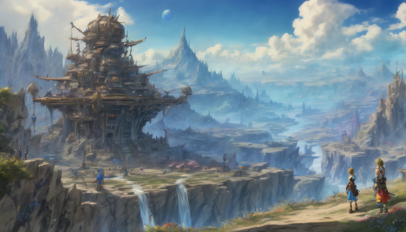 Arthur Rackham style. A mesmerizing fantasy landscape with enchanting elements blending seamlessly. ((Mt. Gagazet from final fantasy X)). (masterpiece), ((best quality)), extremely delicate and beautiful, illustration, 8K post-production, high resolution, hyperdetailed, sharp focus, depth of field, HDR, intricate