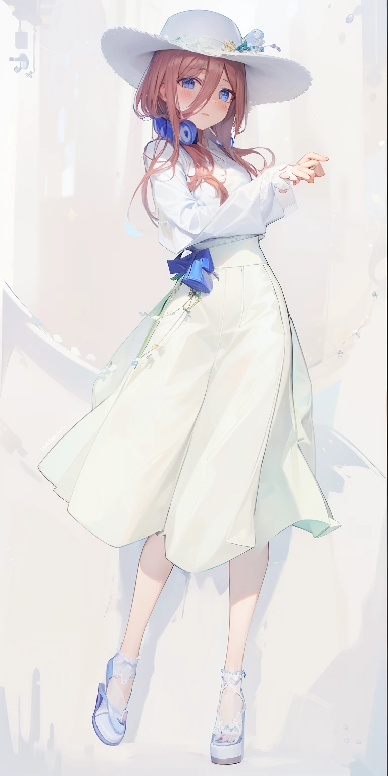 Miku Nakano, shy, blushing, cute, 4k, high quality, highly detailed, miku Nakano, flowing white slong skirt, white top with volant short sleeves, cute hat, flowers as a hairtie, sandals. Perfect face, highly detailed, perfect anatomy