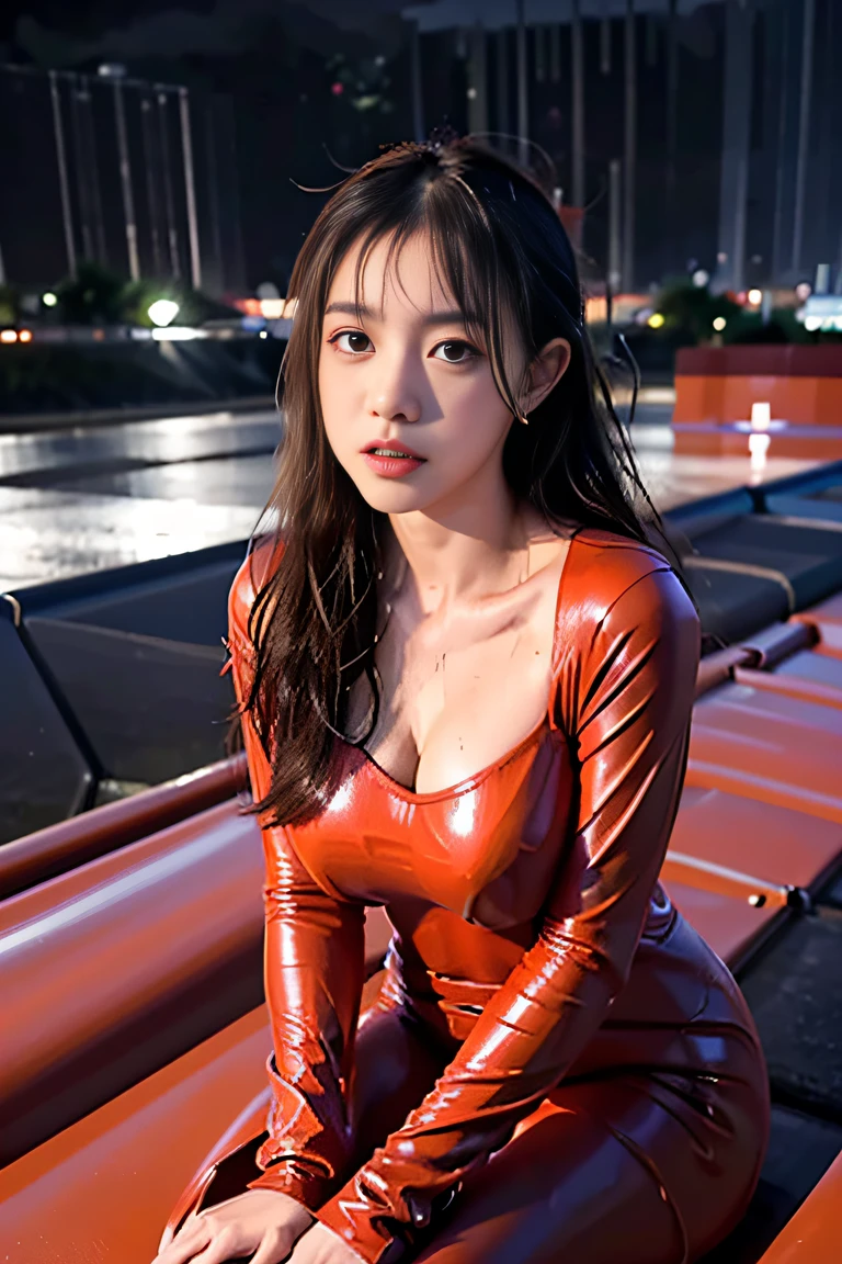 (((1人の女性: 2))), ((Beautiful girl wearing a simple design red shiny full body rubber suit:1.8)), ((Rubber suit made of thin fabric that fits your body:1.8)), (((A beautiful girl sitting with her legs apart on the roof of a building with a beautiful night view:1.8))), ( cute girl), ((1screen)), 8K, RAW shot, top quality photo, Masterpiece, Nice realistic photos, ((Anatomically correct proportions: 1.5)), beautiful woman like a Japanese actress, small head, Detailed face, Detailed eyes, Narrow Nose, Detailed fingers, detailed arms, Detailed skin, Detailed legs, short torso, ((Slender body:1.2))、(big breasts thin waist:1.5) , Small buttocks, (((Heavy rain:1.8)))、(((Rain-soaked skin:1.8)))、(((Rain-soaked hair:1.8)))、((Take pictures in sexy poses:1.8))、((The rooftop of a building with a night view:1.5))、((Light rubber suit)), ((Wet and sheer rubber suit))