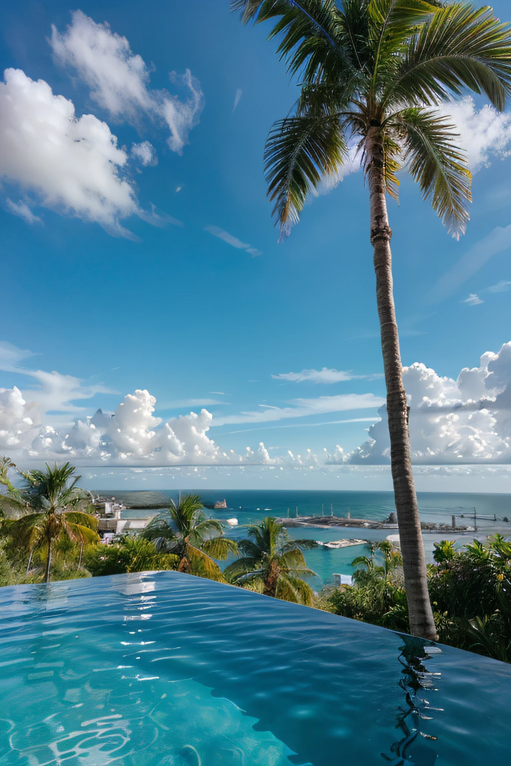 abstract blue sky, infinity pool, palm trees