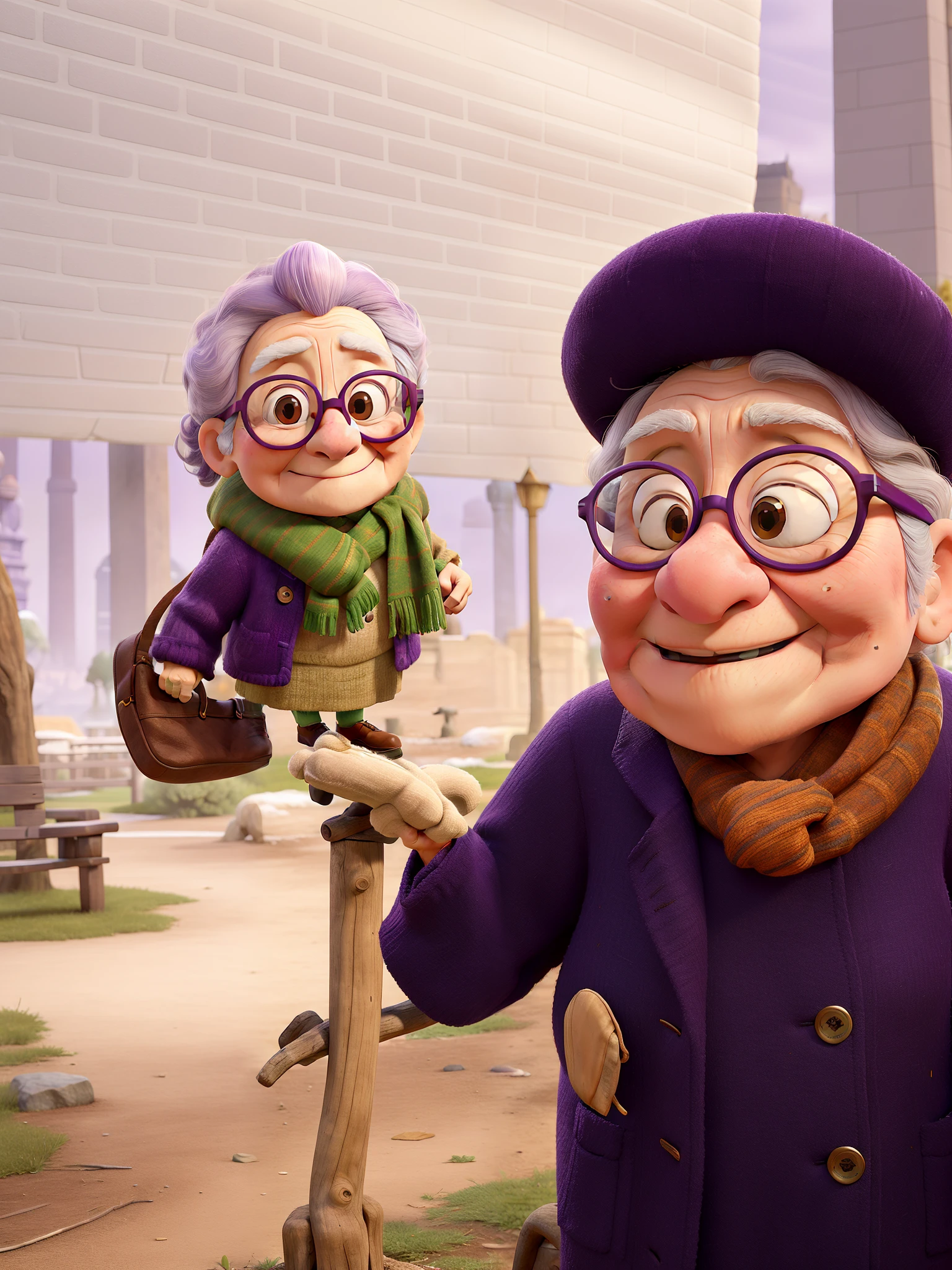 masterpiece, best quality, an old woman with glasses and a scarf on, wearing a purple coat and green scarf, standing at the park