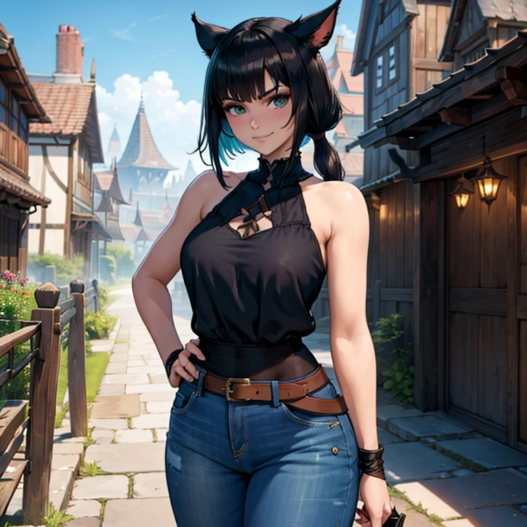 1 fille, Miqo'te Final Fantasy 14, torn garments, Dark Hair, Yeux verts, queue, Couleur brune, tanned skin, Queue de chat; portrait, visage souriant, marque tribale, outdoor scene,