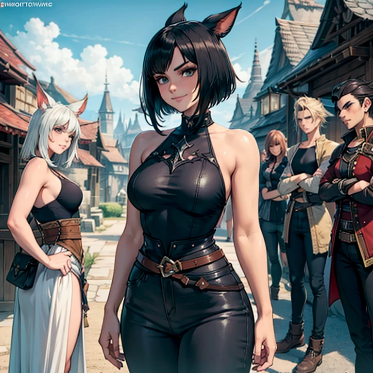 anime woman, 20 year, long hair, brown, olhos verdes esmeralda, calm face, closed smile, red makeup under the eyes, bushy eyebrows, scar on cheek, leather jacket