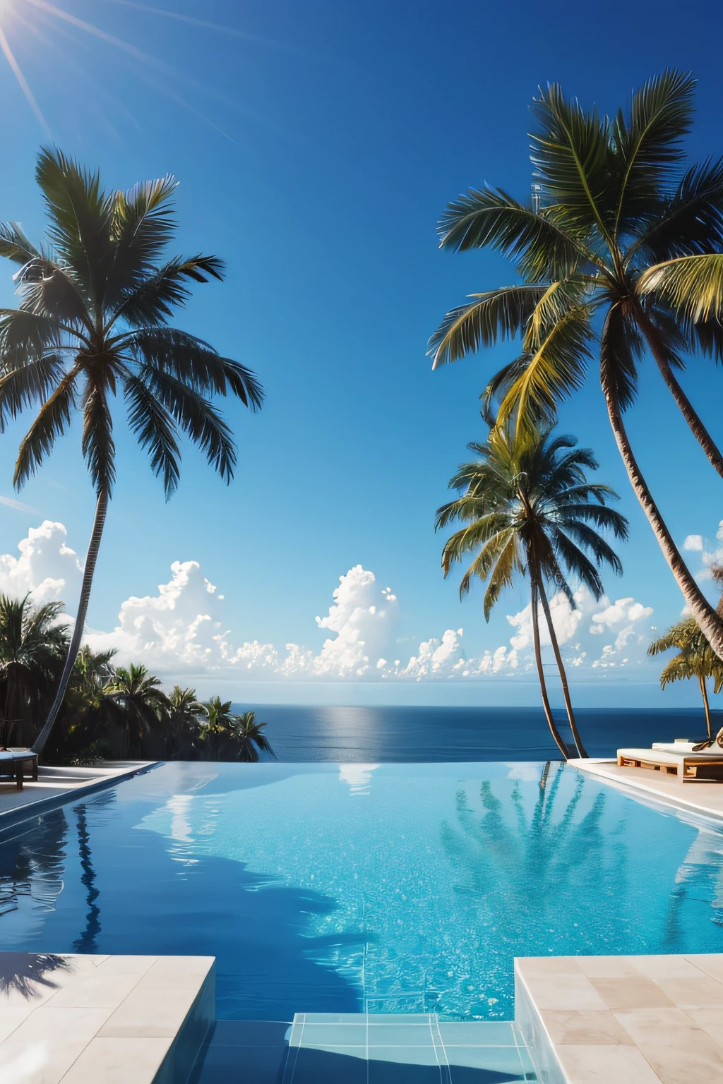 abstract blue sky, infinity pool, palm trees