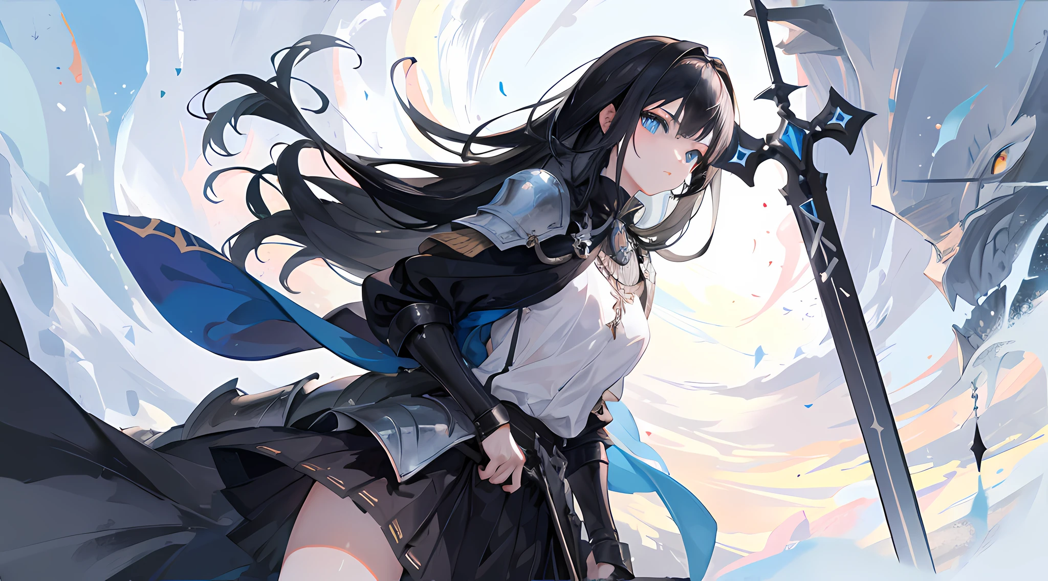 1girl, long black hair, blue eyes, wearing knight armor, skirt, holding broadsword, medieval, fantasy, highres, ultrasharp, 8K, masterpiece, looking at viewer