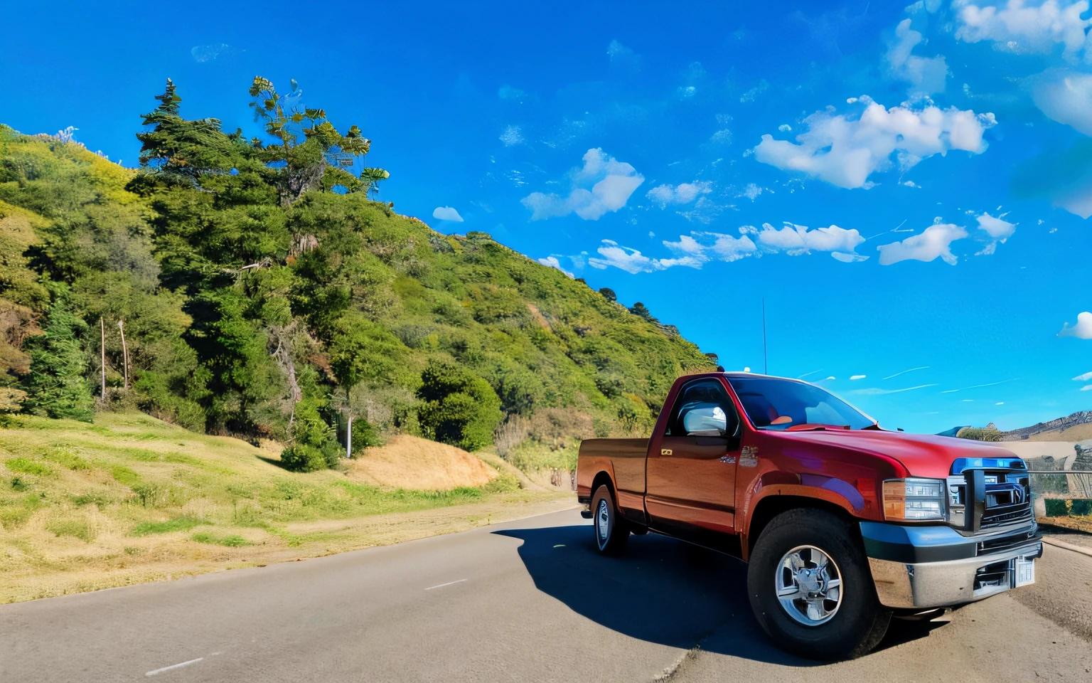 There is a red truck that is parked on the shoulder of the road, Truck, vehicle photography, scenic full shot, post processed 4k, postprocessed, foto de tiro largo, 4 0 9 6, tiro ultrawide baixo, foto - shot, foto tirada, Directed by: Thomas Häfner, Directed by: Alexander Bogen, arredores detalhados, tiro largo longo, tiro frontal