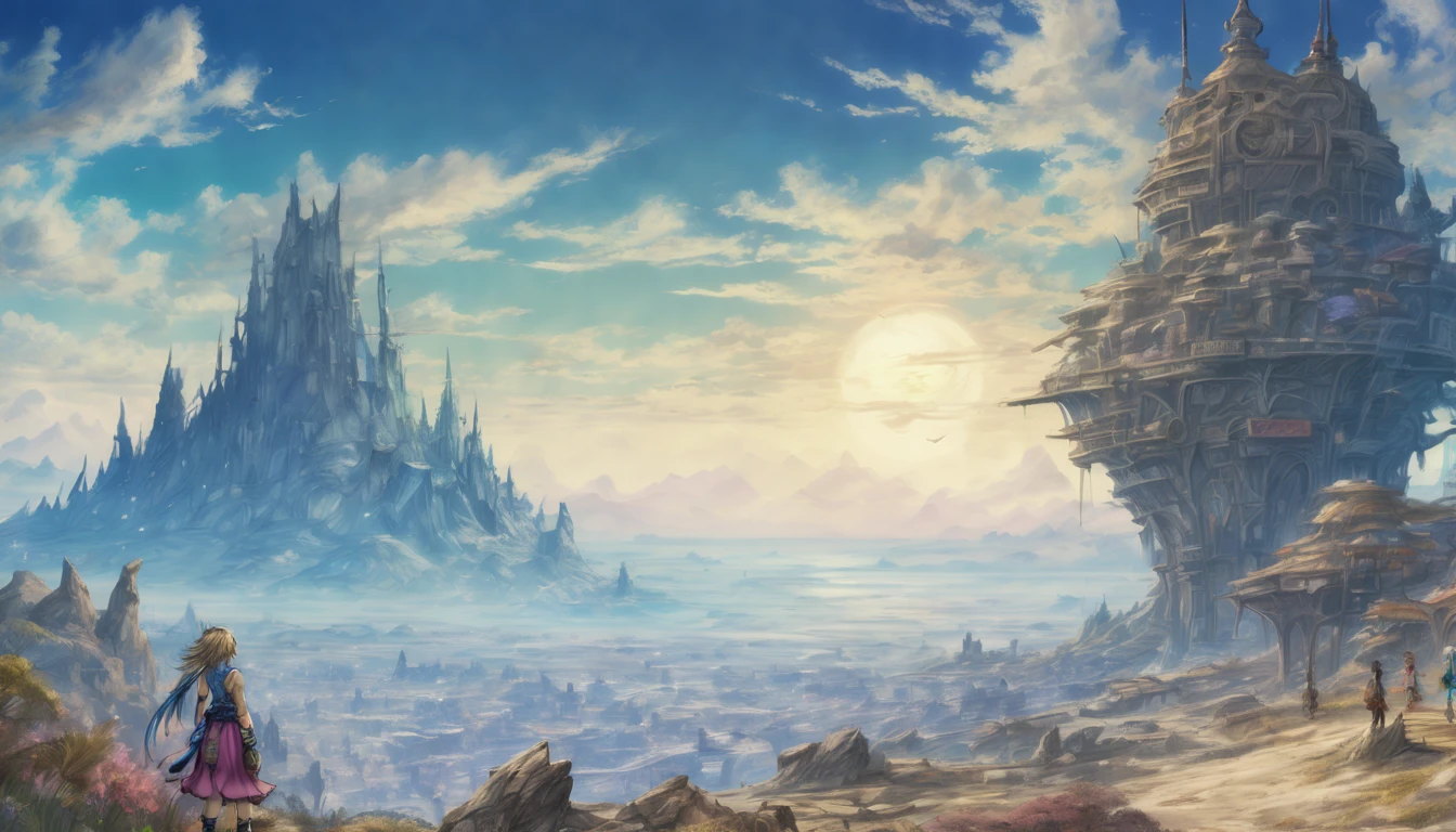 Arthur Rackham style. A mesmerizing fantasy landscape with enchanting elements. ((Mt. Gagazet from final fantasy X)). (masterpiece), ((best quality)), extremely delicate and beautiful, illustration, 8K post-production, high resolution, hyperdetailed, depth of field, HDR, intricate