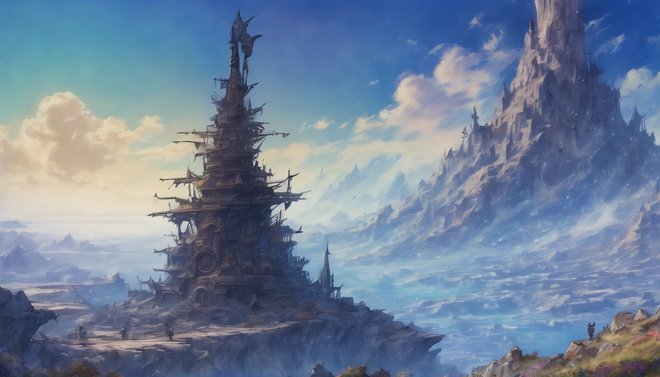 Arthur Rackham style. A mesmerizing fantasy landscape with enchanting elements. ((Mt. Gagazet from final fantasy X)). (masterpiece), ((best quality)), extremely delicate and beautiful, illustration, 8K post-production, high resolution, hyperdetailed, depth of field, HDR, intricate