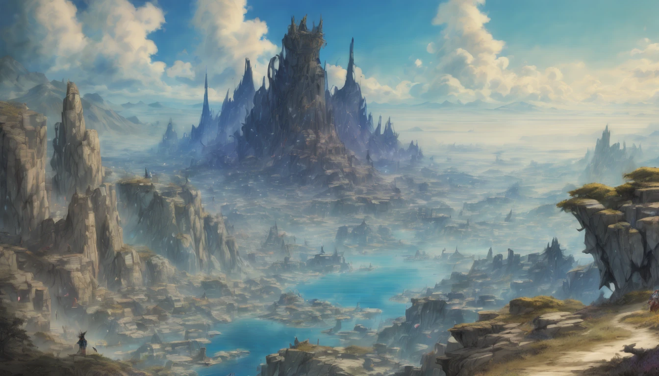 Arthur Rackham style. A mesmerizing fantasy landscape with enchanting elements. ((Mt. Gagazet from final fantasy X)). (masterpiece), ((best quality)), extremely delicate and beautiful, illustration, 8K post-production, high resolution, hyperdetailed, depth of field, HDR, intricate