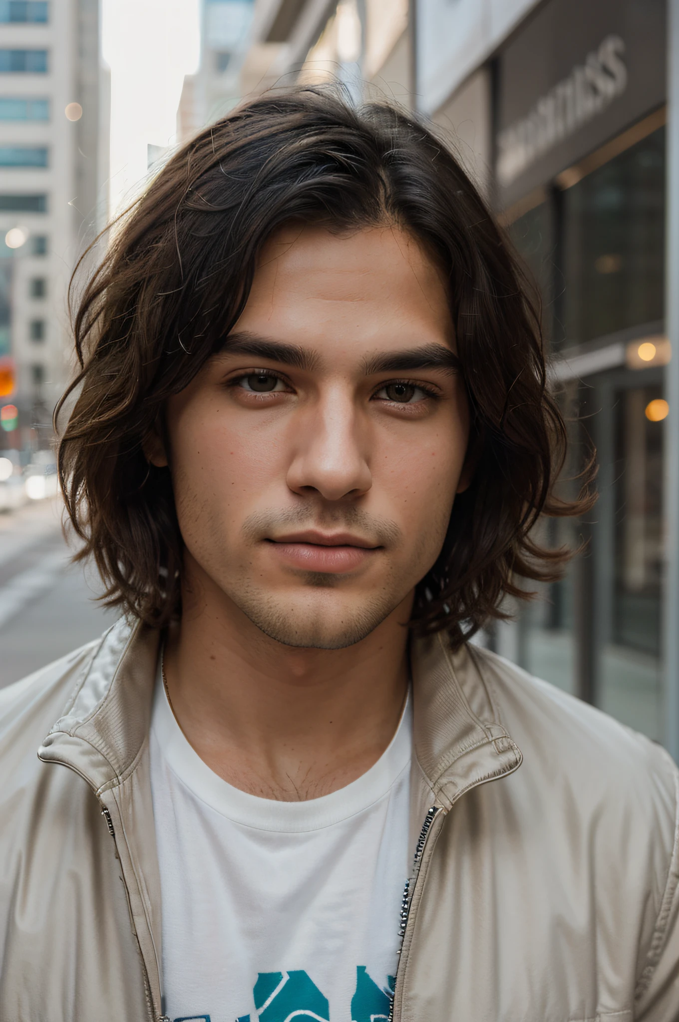 Portrait of a handsome male model in downtown Toronto during the day, 25 ans, jacket, sans barbe, with short wavy hair, yeux bleus, thick lips