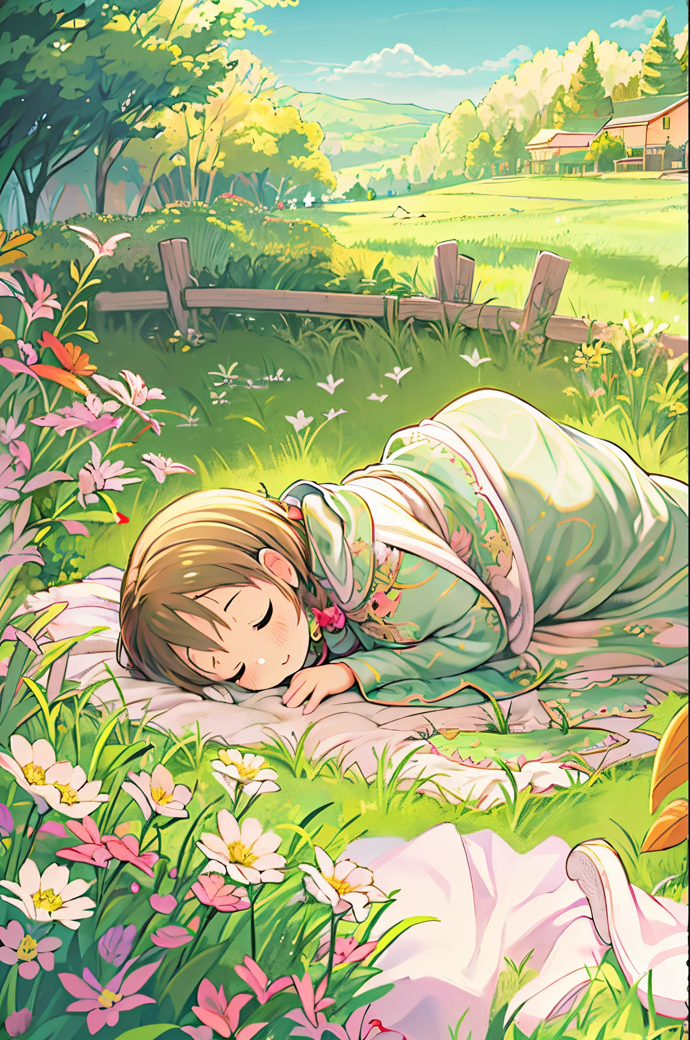 kawaii、8 years old girl、Are sleeping、Chibi, beautiful anime scene, country scenery, Background of the field, Beautiful anime scenery, Beautiful peace scenes in anime, farming、farmhouse、 Sleep in the grass with a happy face、Gentle breeze