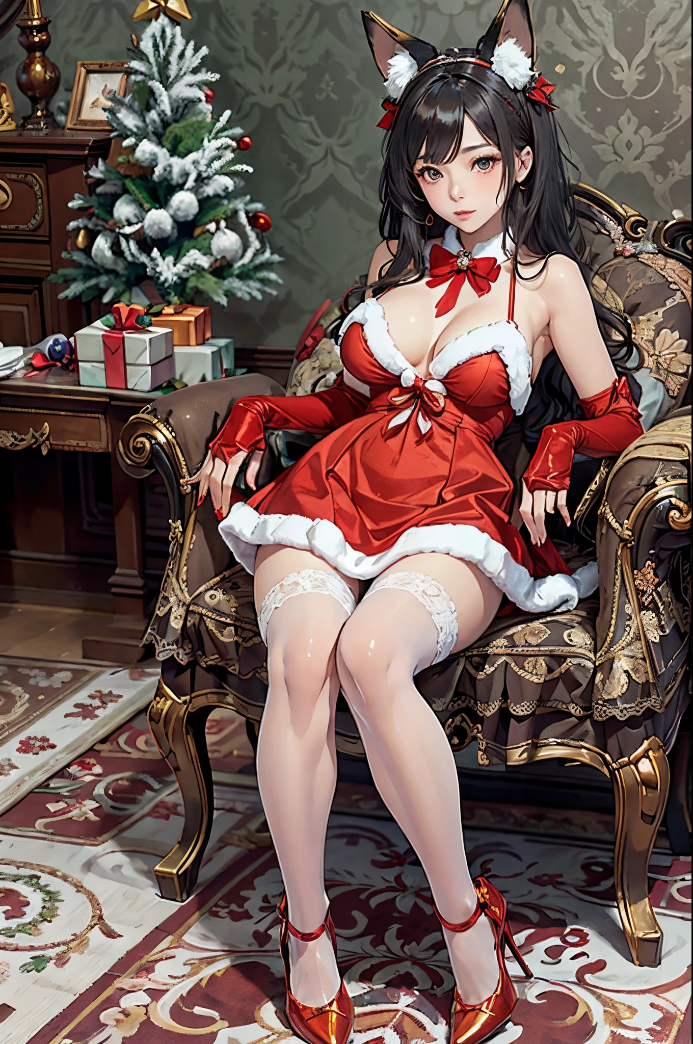 (masterpiece), (best quality), 1girl, fox ears, sexy, perfect body, golden eyes, sexy xmas dress