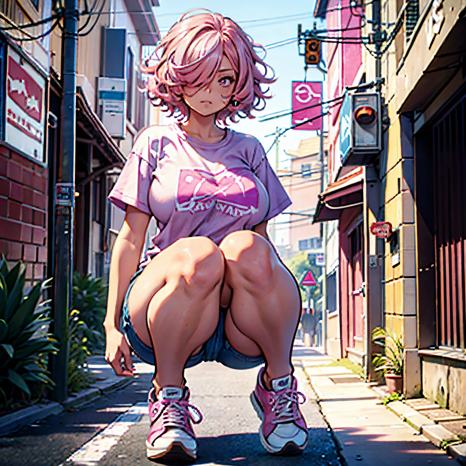 1woman, huge breasts, medium butt, wearing pink t-shirt, wearing denim shorts, wearing pink sneakers, , very short hair, curly hair, pink hair, hair covering one eye, pink eyes, eyes half closed