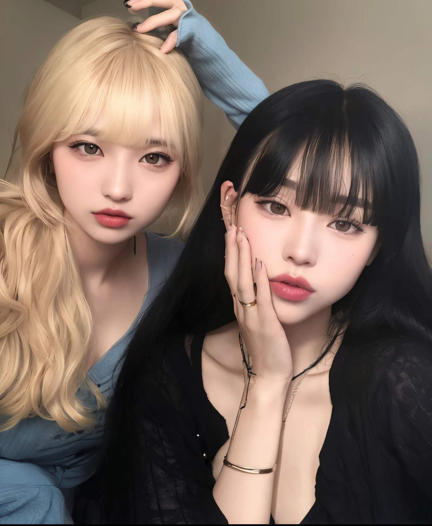 ((2grils)),face to face, bare shoulders, nighttime, midnight, dark, RTX, (no bra), photorealistic lighting, photo taken in modern house, extremely detailed flowing hair, realistic hair, realistic shadows, absurdres,  hyperdetailed, 4k, (black eyes), (beautiful girl: 1.4), (masterpiece),Ultra Detail, (Best Quality), (Ultra High Definition), (Masterpiece), Photorealistic:1.3, smiling, balanced pupil, symmetical pupil and iris,chromatic_aberration:0.8, dynamic_color_range, lens_distortion:0.7, (sitting:1.3),((Delicate hand)),  from side,