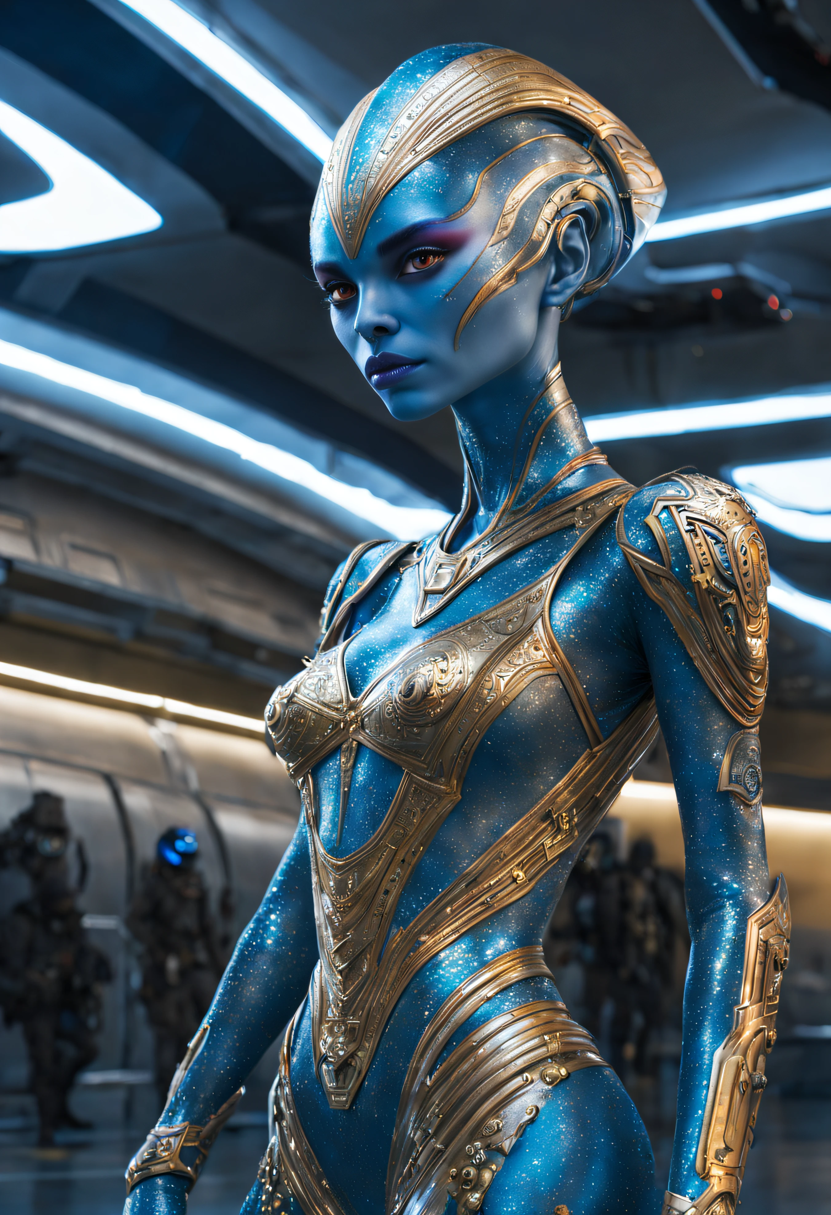 (cuerpo completo), extraterrestrial alien female similar to naytiri princess of the people of the planet mül from the film Valerian and the city of a thousand planets , cuerpo atletico y exuberante, ojos verdosos, vestida de traje de noche corto, engarzado con oro refulgente, priedras preciosas de colores y diamantes, ((se encuentra en centro de control de estacion espacial)), detalles intrincados de la maquina de alta calidad), estilo cinematografico, nitidez absoluta, imagen 8k.(obra maestra).fondos de pantalla, ultra detallado.