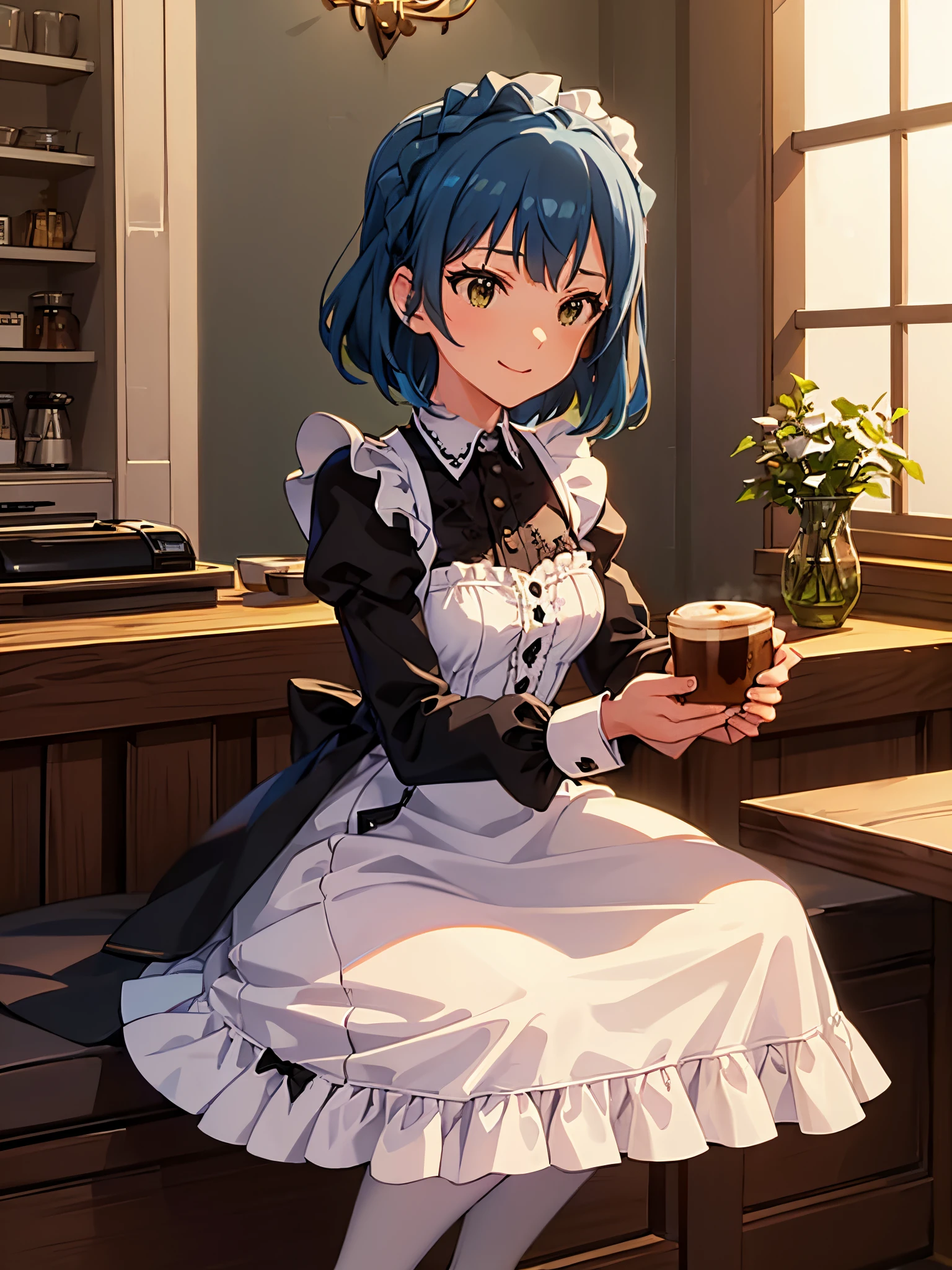 yuriko nanao (million live), 1 girl, Solo, Cute Girl,Best Quality, Ultra-detailed, 8K, High resolution, Detailed face, Bob Hair, Smile, (((maid dress, victorian maid, long-one-piece dress, Puffy sleeves, Long sleeves, White Apron, frilled apron, White pantyhose, Black footwear))), ((in a cafe, Brew coffee,))