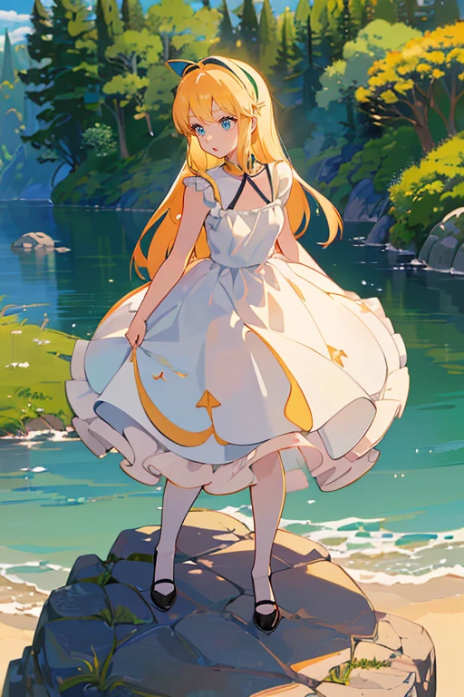 masterpiece, best quality, 1girl, solo, dsedna, blonde hair, short hair, side ponytail, blue eyes, hairband, ribbon, hair ribbon, dress, skirt, leg ribbon, choker, standing, lake, forest, scenery, detailed sky, detailed background, lens flare, cowboy shot, arms behind back
 <lora:dsedna_lc_16:1>