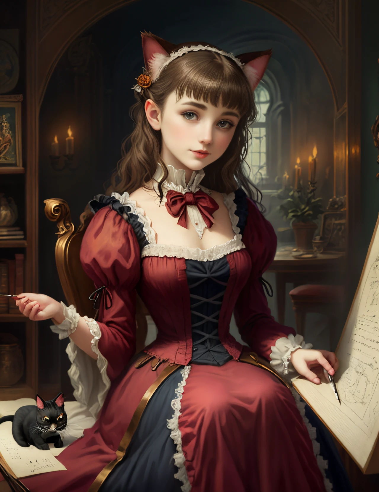 35 year old Lana del rey, emma watson, lana rhodes, wearing lace dress and detailed cat ears, working in a bookstore, busty, intricate ginger braided hair, innocent brown eyes, ((high detailed skin, skin details)), sharp focus, high quality, face focused, lana del rey face --auto --s2