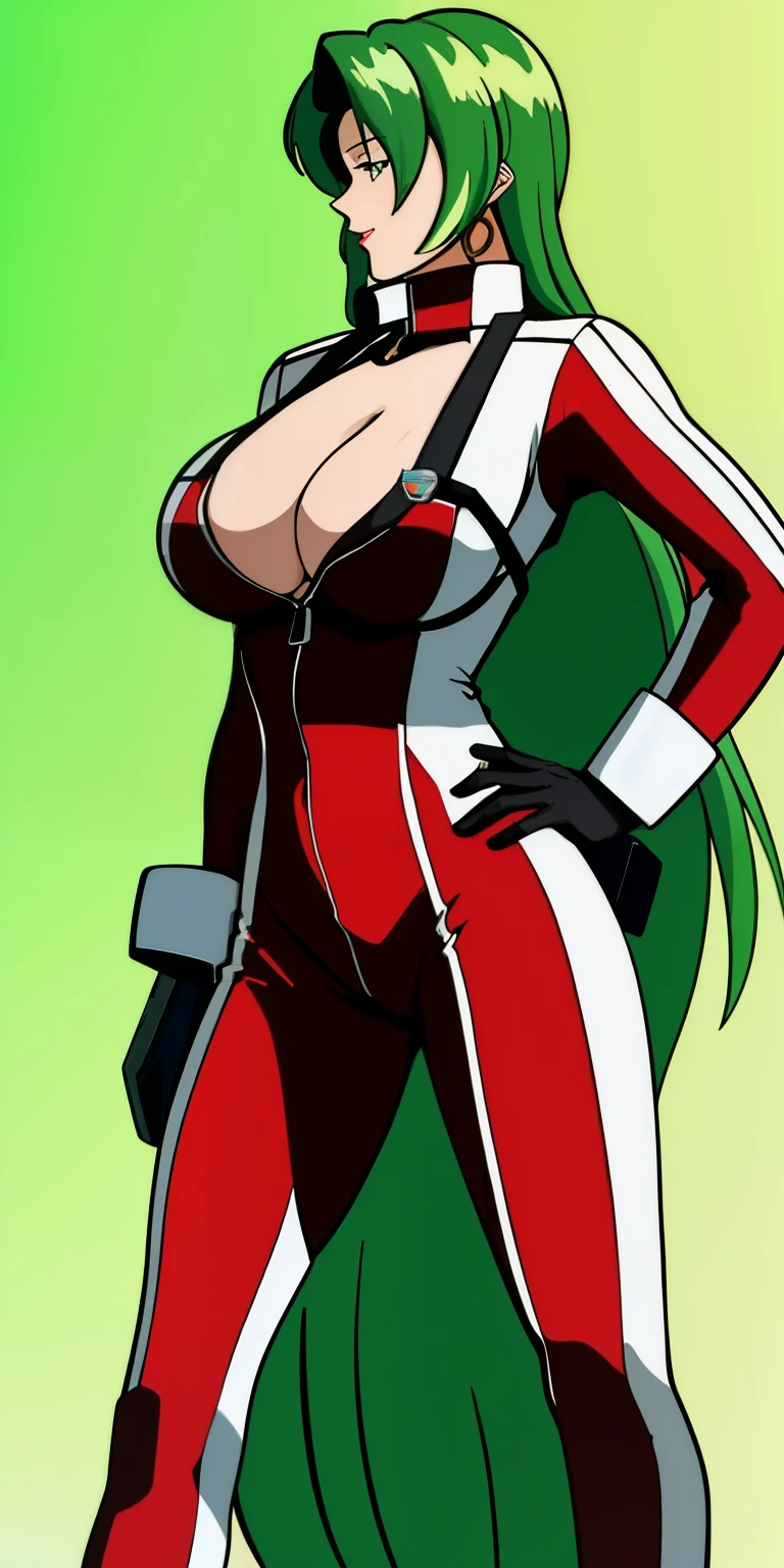 masterpiece, best_quality, highres, MiliaFallyna, solo, large_breasts, MiliaVFPilotSuit, MiliaVFHelmet, green_hair, long hair, open shirt, cleavage