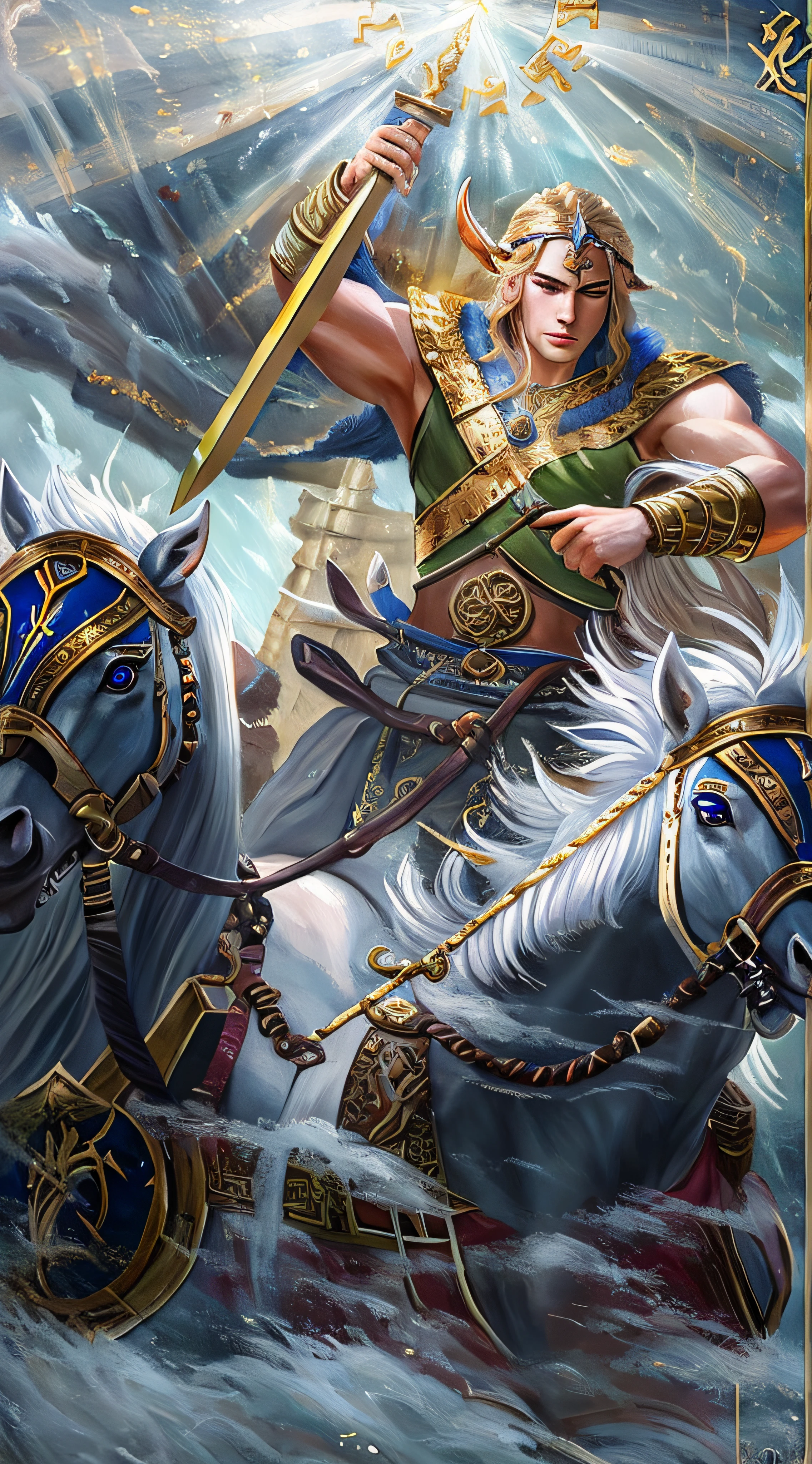 a close up of a painting of a man on a horse with a sword, by Yang J, male centaur centaur chimera, fantasy card game art, centaur from greek mythology, epic fantasy card game art, greek myth digital painting, epic fantasty card game art, greek god, а fantasy proto-slavic mythology, norse god