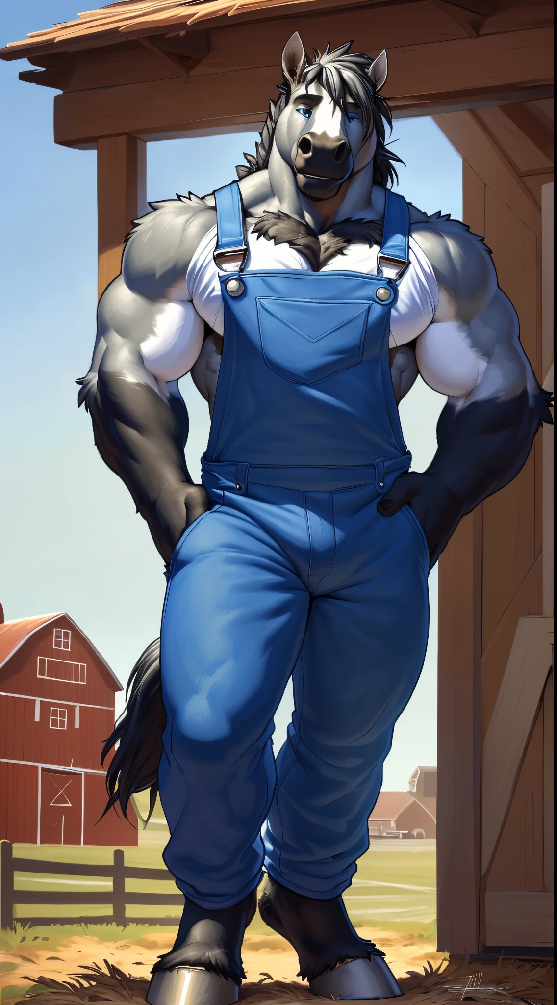 Front view, (modern):1.8 full height, anthro (horse), male, equine, adult, solo, muscular:1.2, thick:1.4 build, tall, ((blue:1 farm overalls, black-white vest)), hooves, correct anatomy, horse tail, , (grey fur, short black mane, detailed fur:1.4), shy, (high quality ultradetailed:1 blue eyes), farm background, (masterpiece:1.2), epic, natural lighting, (by takemoto arashi, by meesh, by Taran Fiddler)