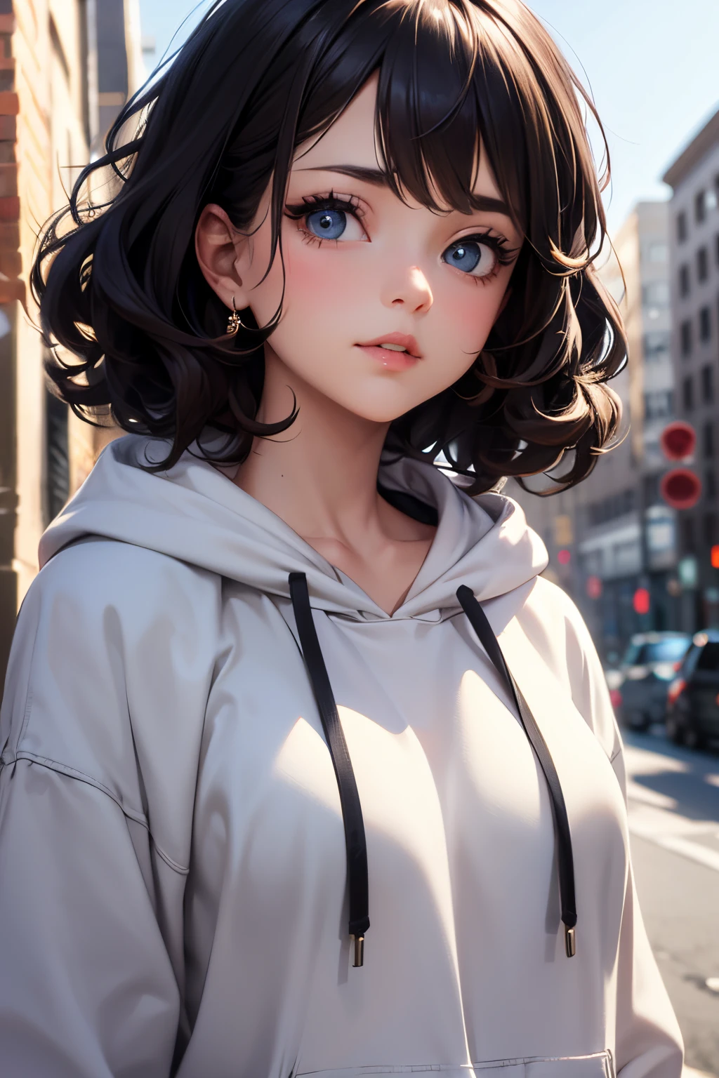 (best quality,4k,8k,highres,masterpiece:1.2),cute girl in oversized hoodie,beautiful detailed eyes,beautiful detailed lips,extremely detailed eyes and face,long eyelashes,soft curly hair,comfortable and loose fit,playful and innocent expression,trendy street style,relaxed posture,vibrant colors,urban setting,warm sunlight,crisp shadows,bokeh lighting,portrait style