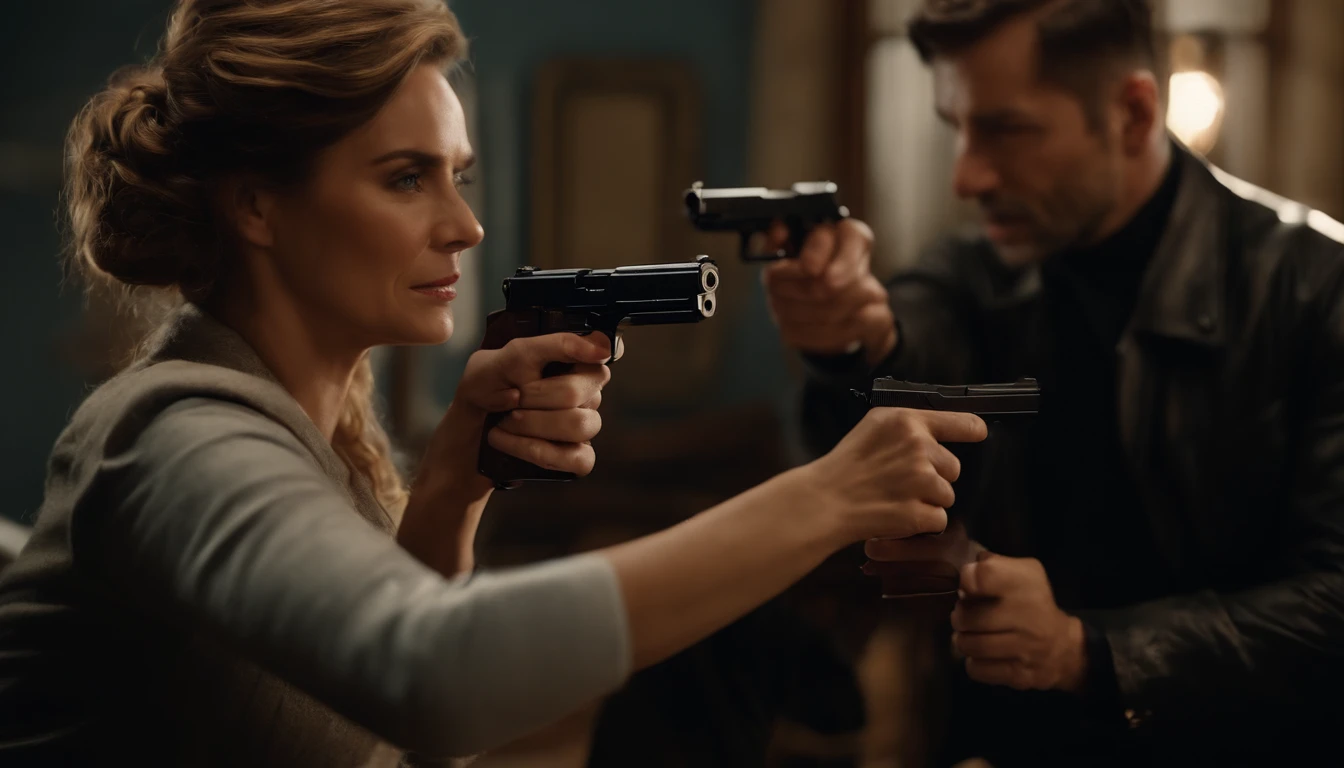 Movie Sets, Man and woman holding guns and pointing at each other, People already shot on the floor